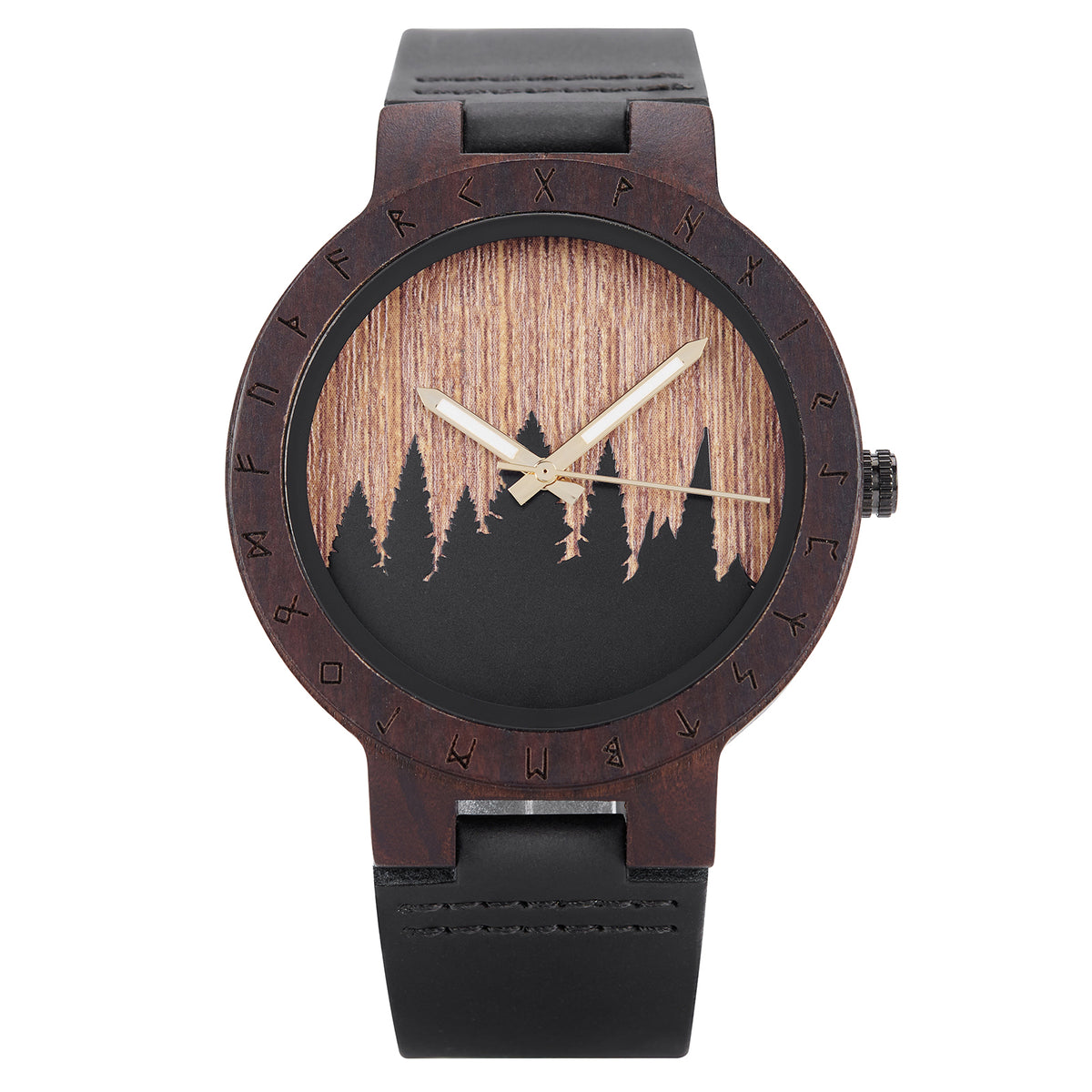 A unique dark wooden watch featuring a runic symbol bezel, forest silhouette dial, black leather band, and gold-tone hands, displayed against a white background.