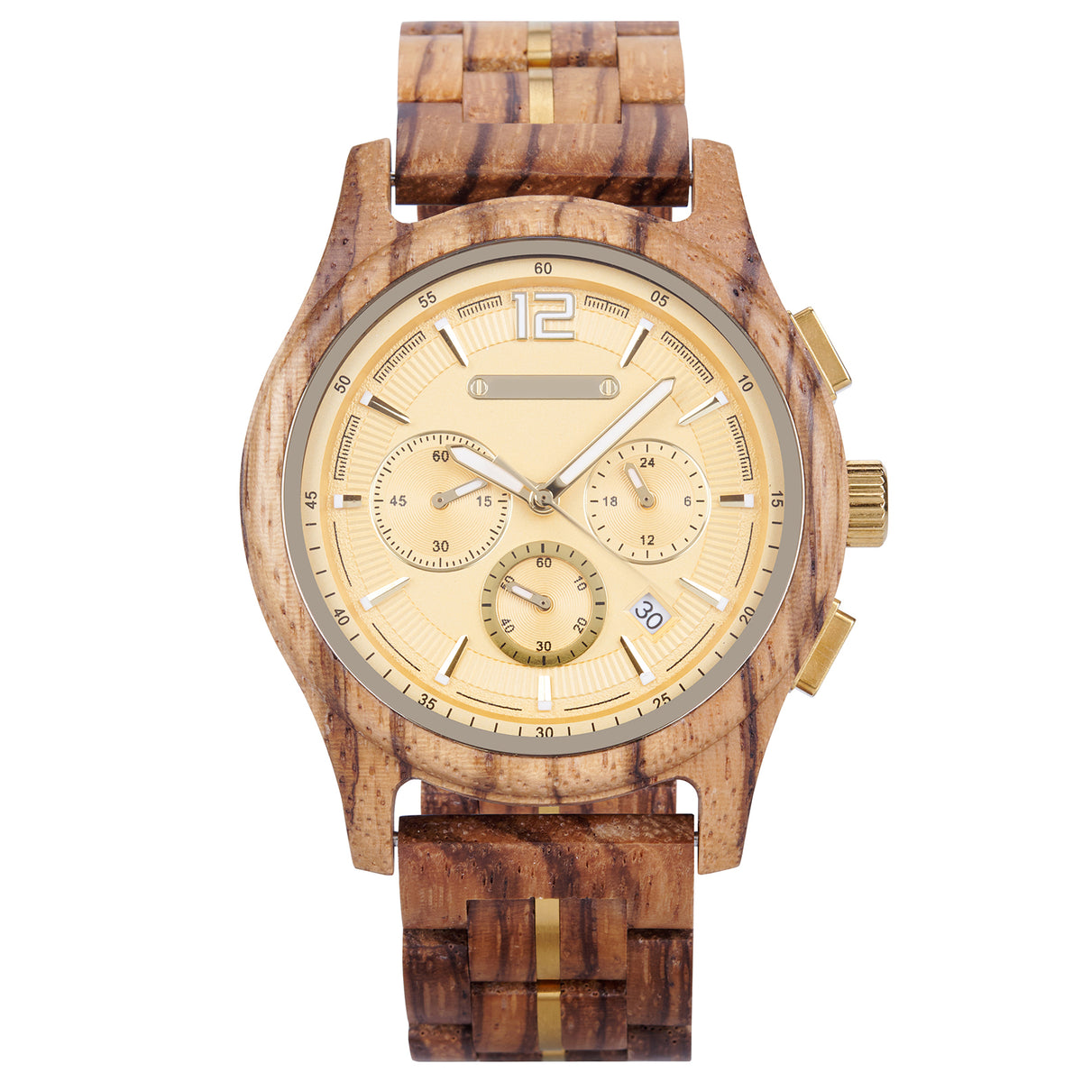 A chronograph watch with a gold dial, wooden case and band (with gold accents), featuring multiple sub-dials, a date window, and a sleek design against a white background.