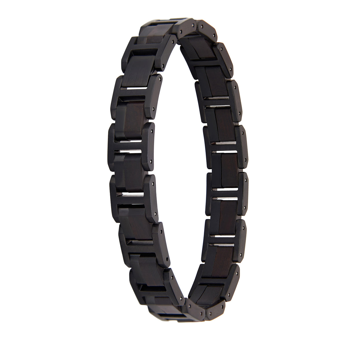 Men's bracelet with black stainless steel and ebony wood links, presenting a modern and bold design for men's accessories.