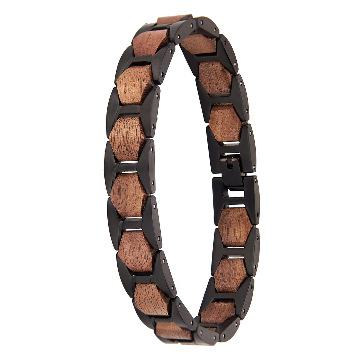 Men's bracelet crafted from black stainless steel and walnut wood, featuring a geometric link design, ideal for stylish men's jewelry collections.