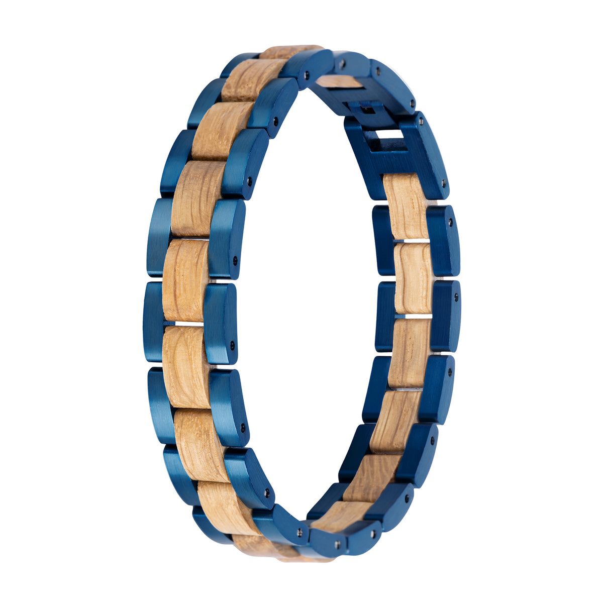 Men's wooden link bracelet with blue stainless steel accents, made from natural wood, a stylish and unique accessory for men, ideal for casual and trendy looks.