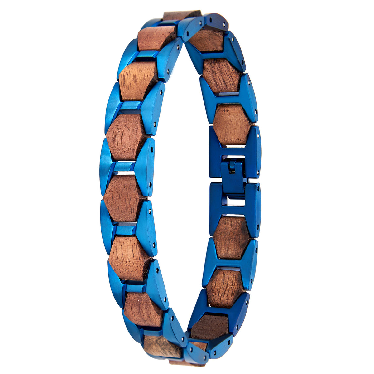 Men's bracelet with blue stainless steel and walnut wood hexagonal links, a stylish and unique accessory for men's fashion.