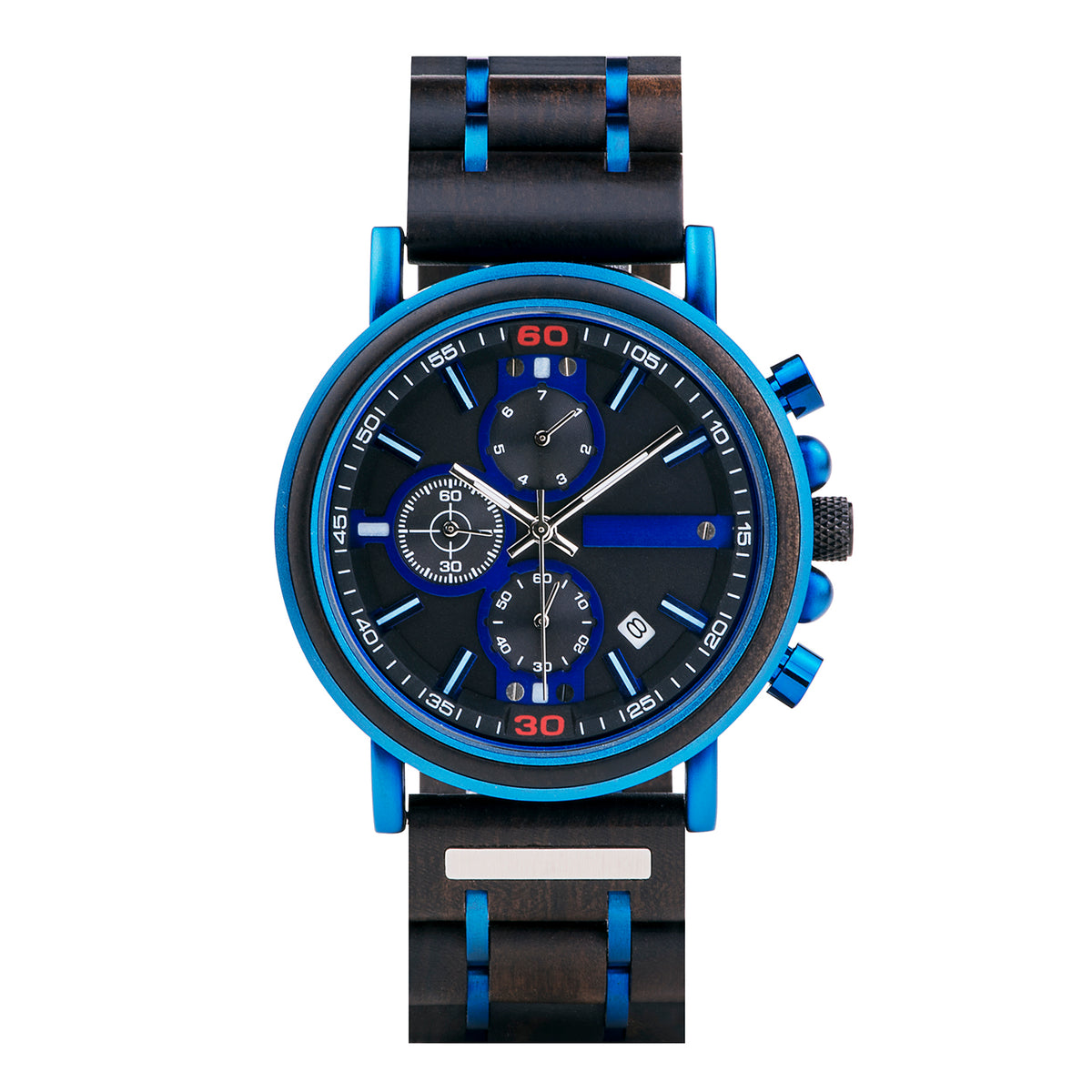 A stylish men's chronograph watch featuring blue metallic accents, a dark multi-subdial face, and a mixed wooden and metal band, presented against a white background to highlight its sporty and sophisticated design.