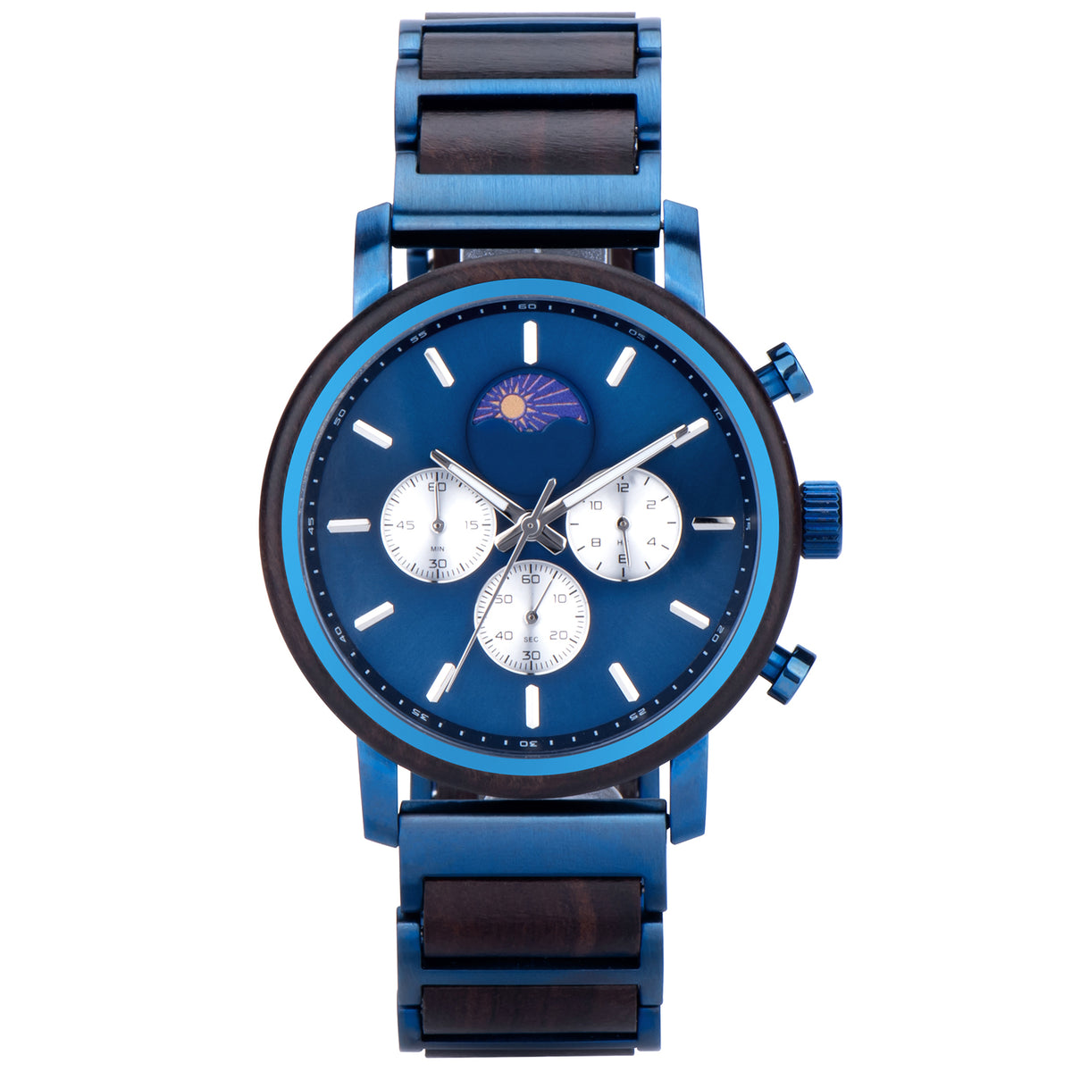 A men's chronograph watch featuring a moon phase complication, blue dial, and a combination of blue stainless steel and wood bracelet, displayed against a white background.