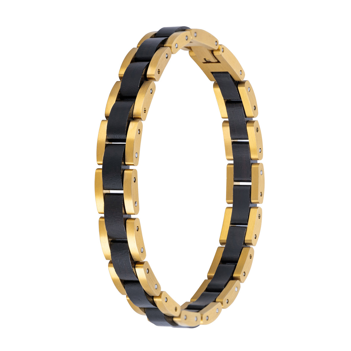 Men's black wooden link bracelet with gold-tone stainless steel accents, stylish men's accessory for everyday or special occasions.