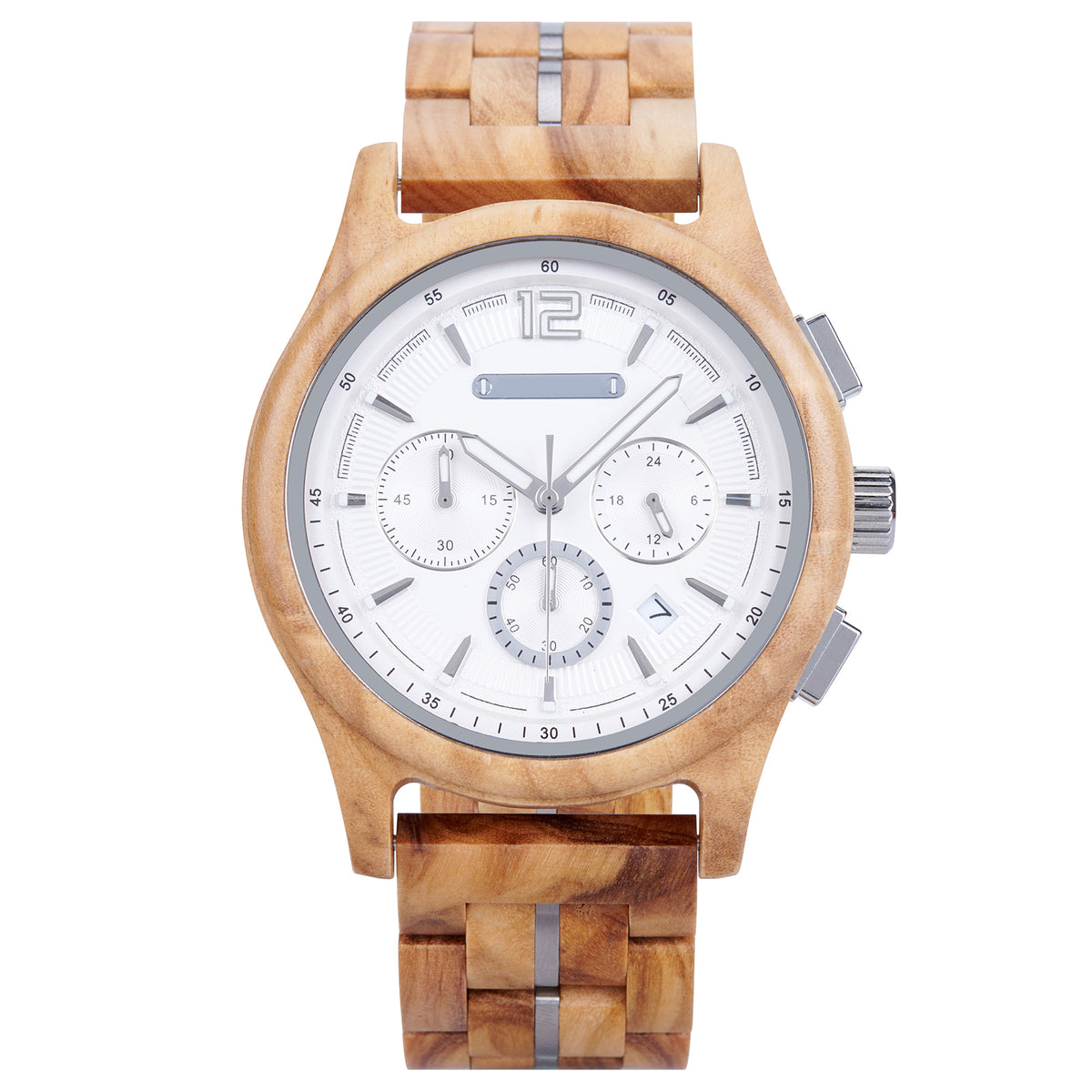 A wooden chronograph watch with a white dial, multiple sub - dials, date "7" display, and a strap made of wooden links with metal accents, presented against a white background.