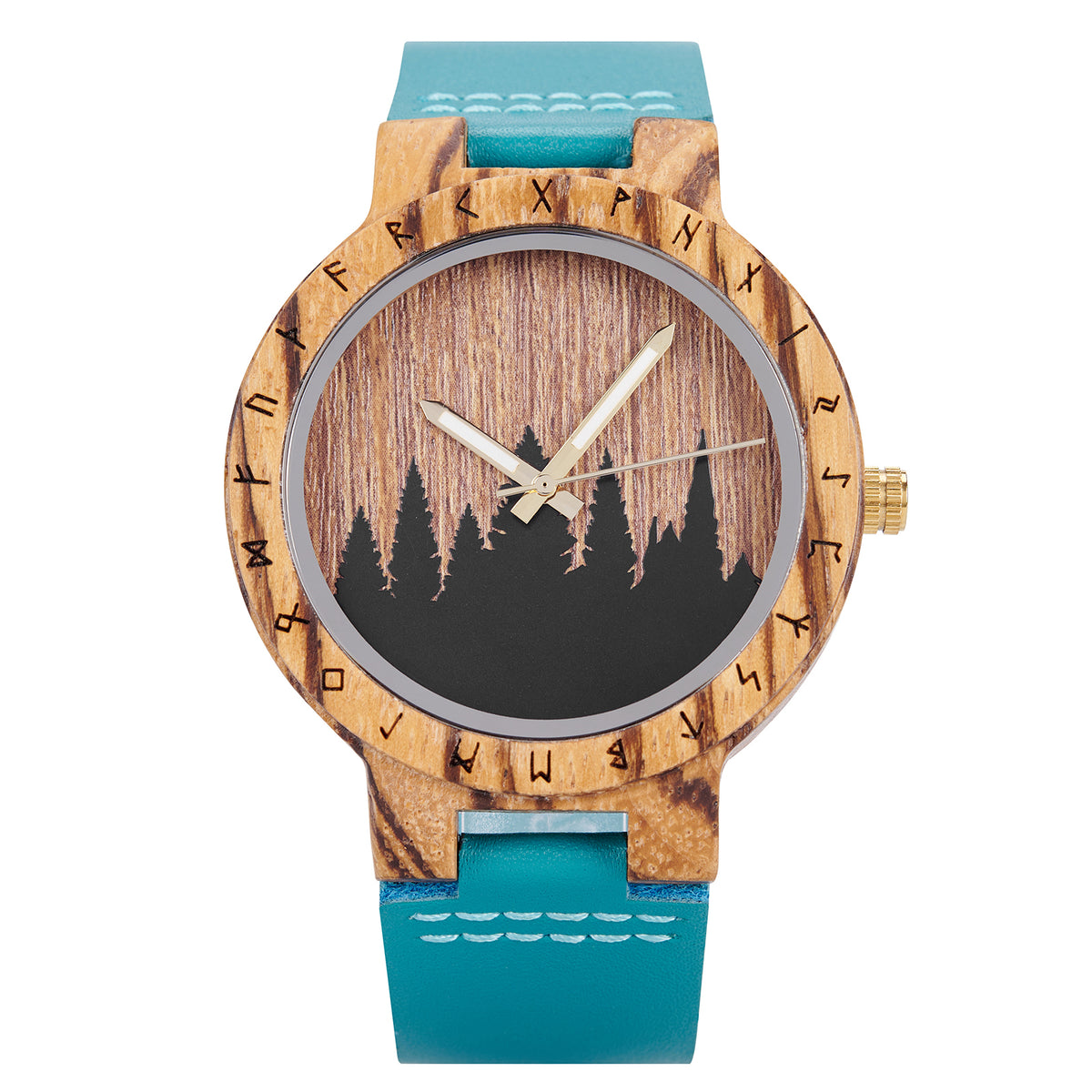 A unique wooden watch with a runic symbol bezel, forest silhouette dial, and turquoise leather band, featuring a natural wood texture and gold-tone hands against a white background.