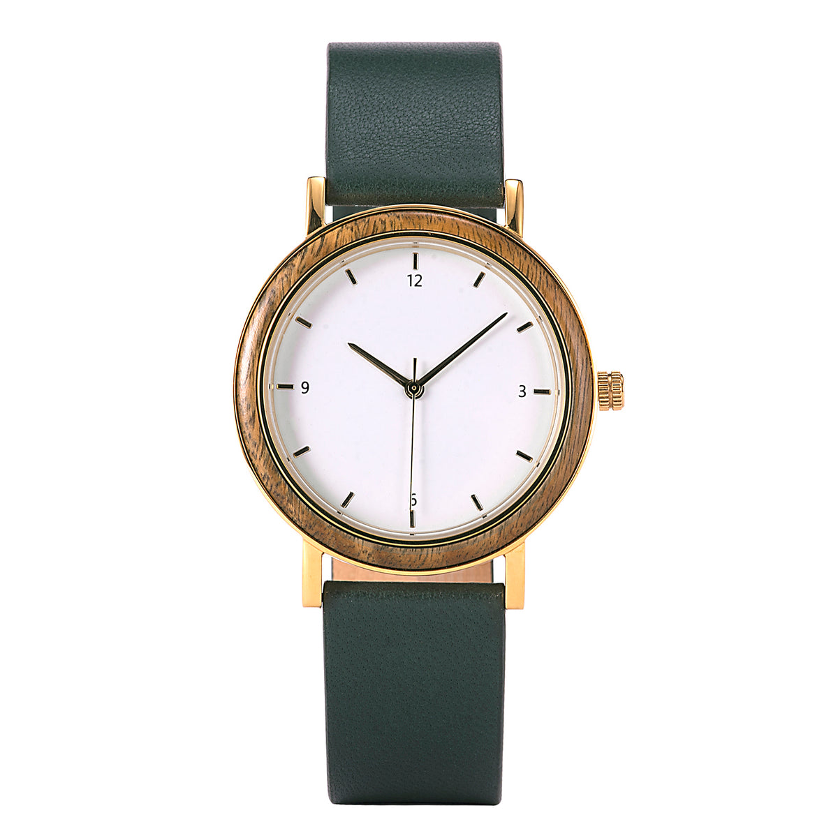 A minimalist women's watch featuring a wooden-accented bezel, white dial, gold-tone details, and a dark green leather band, displayed against a white background.