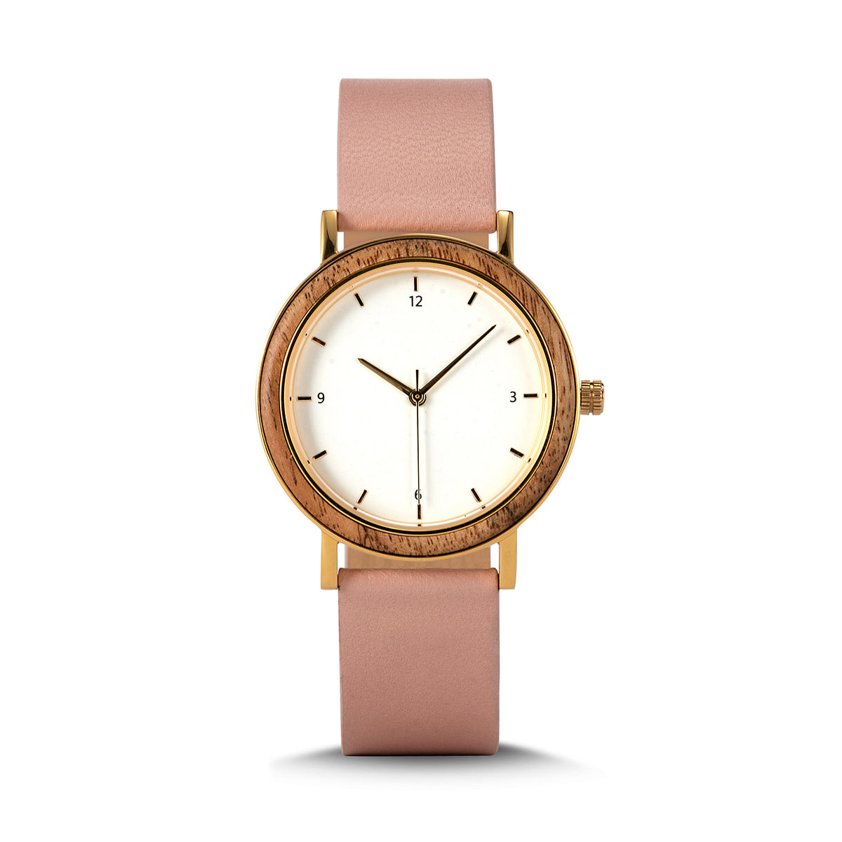 A minimalist women's watch featuring a wooden-accented bezel, white dial, gold-tone details, and a pink leather band, displayed against a white background.