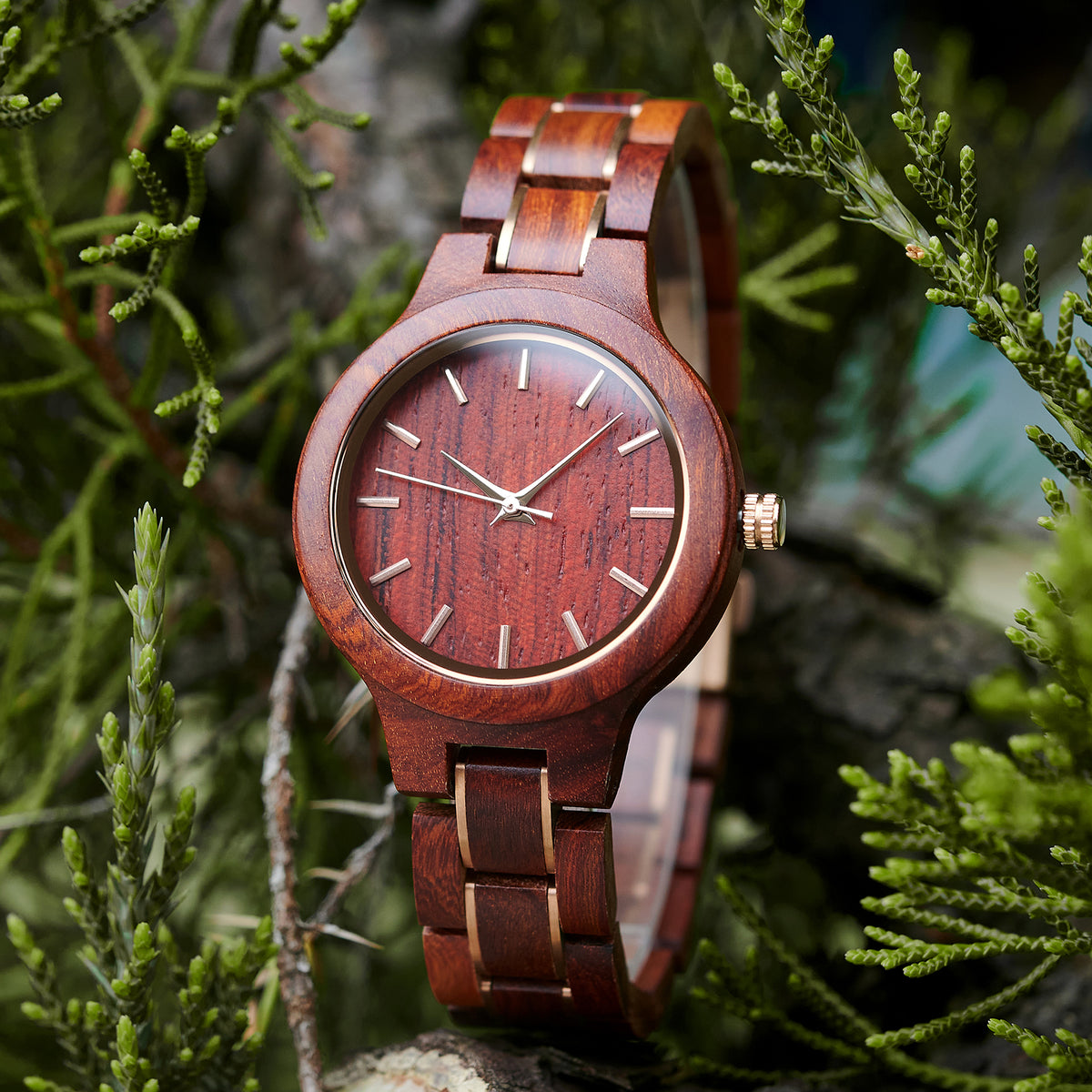 A stylish women's rosewood watch with gold-tone accents, showcased amidst lush greenery to highlight its natural and elegant design.