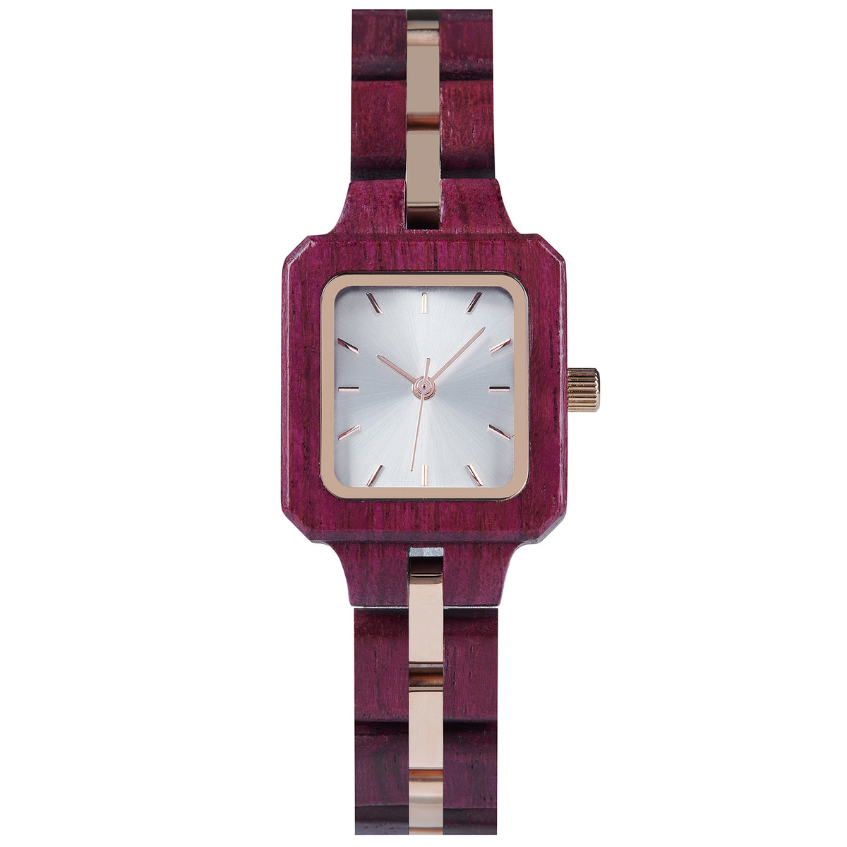 A sophisticated women's wooden watch with a white dial and rose gold accents, presented against a white background to highlight its refined and elegant design.