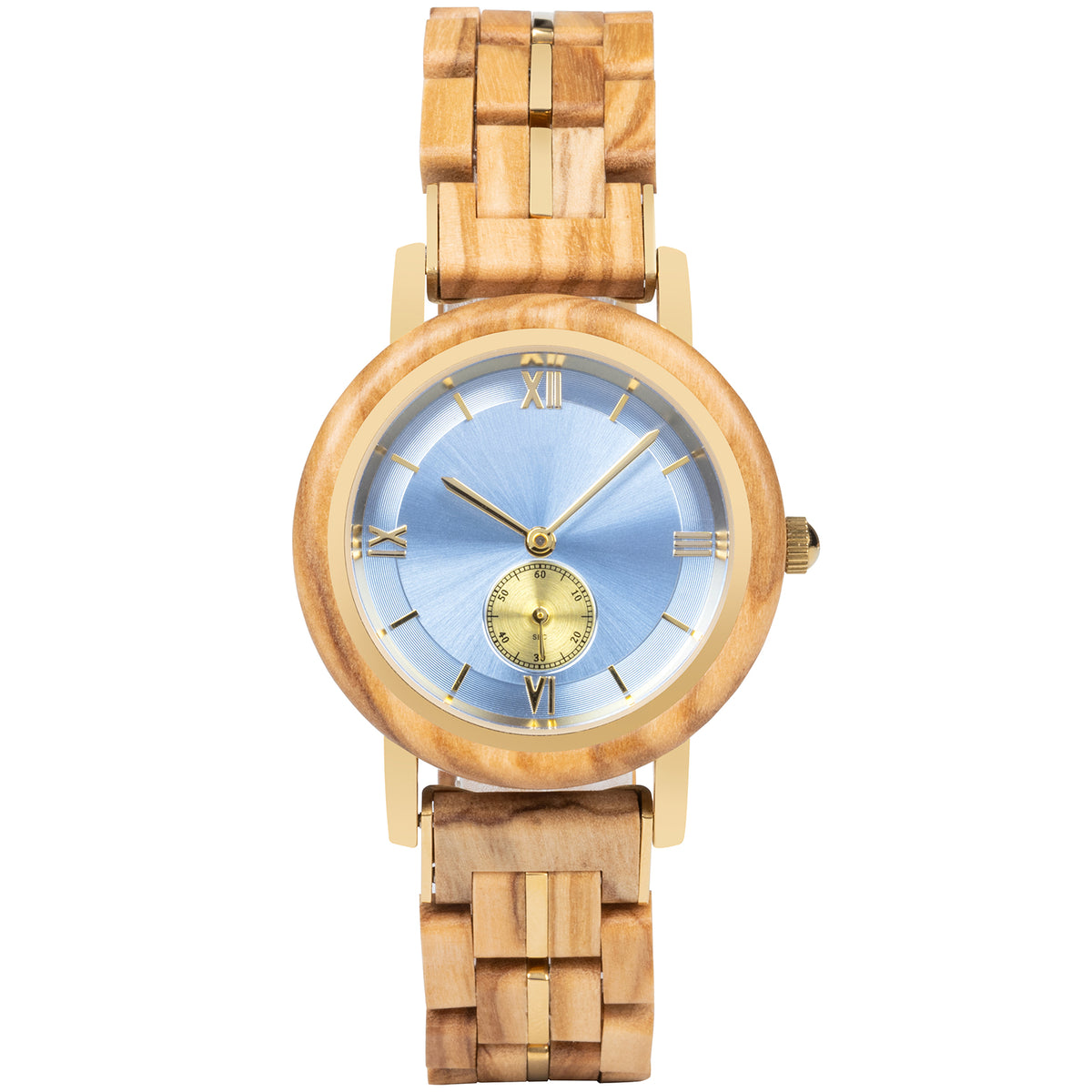 A sophisticated women's wooden watch featuring a blue dial, Roman numerals, sub-dial, and gold-accented details, presented against a white background to highlight its elegant and refined design.