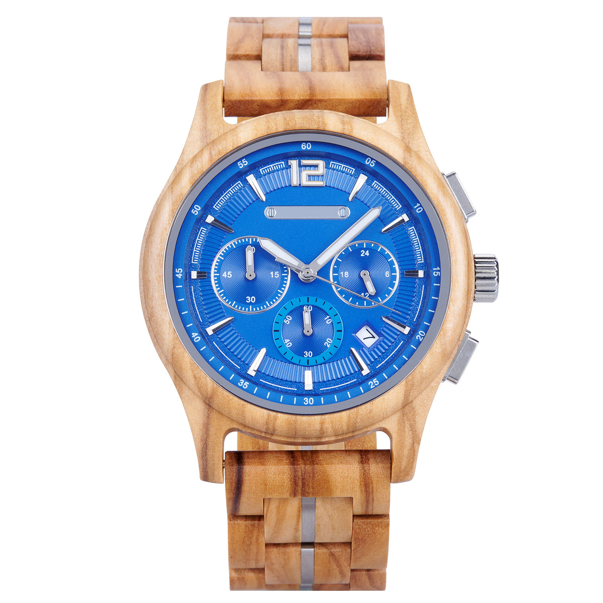 A wooden chronograph watch with a blue dial, multiple sub-dials, date "7" display, and a strap made of wooden links with metal accents, presented against a white background.