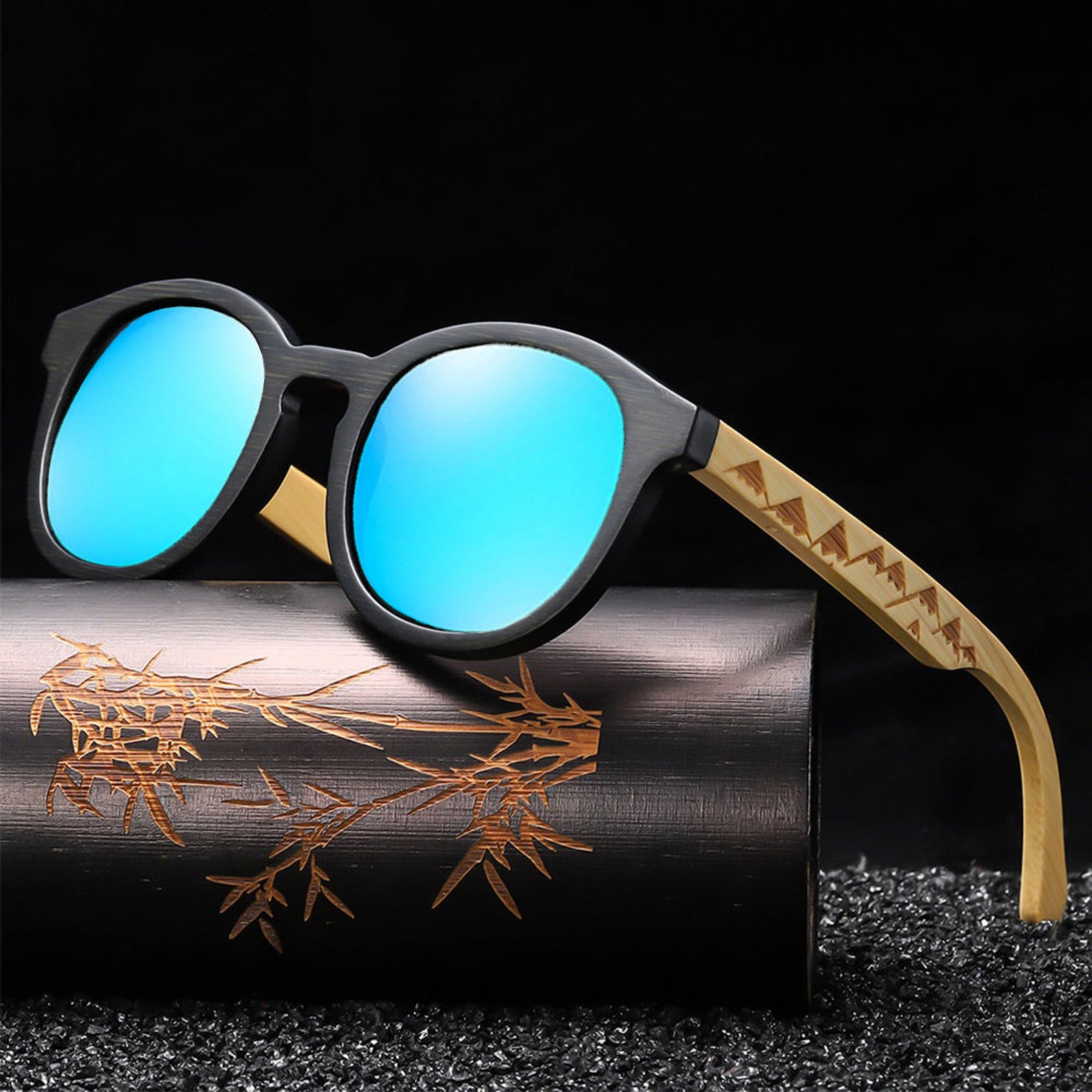 Blue lens engraved bamboo arms sunglasses on black bamboo box