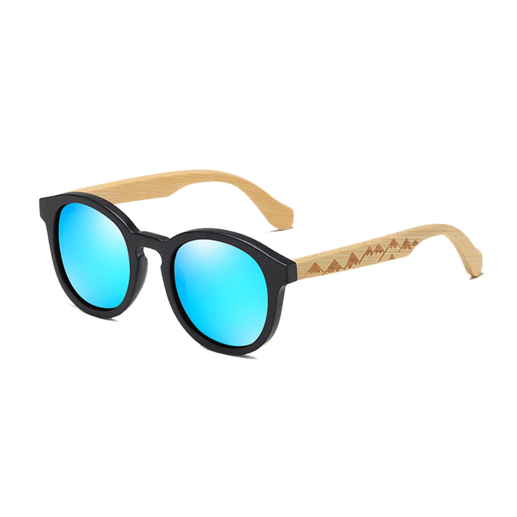 Blue lens engraved bamboo arms sunglasses side face