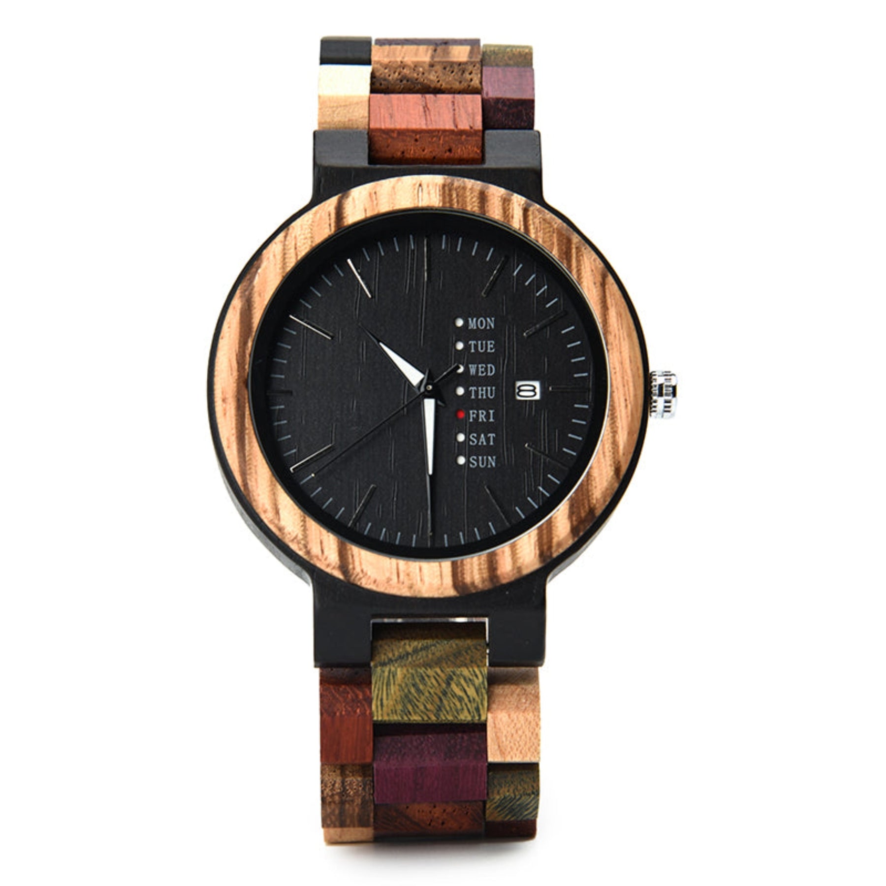 Ebony and colorful strap men wooden watch with black face positive