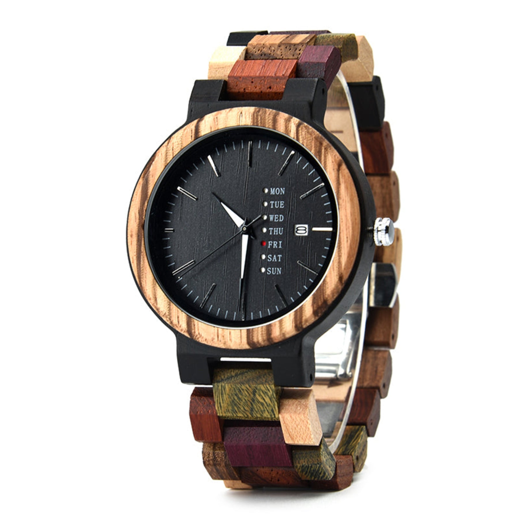 Ebony and colorful strap men wooden watch with black face