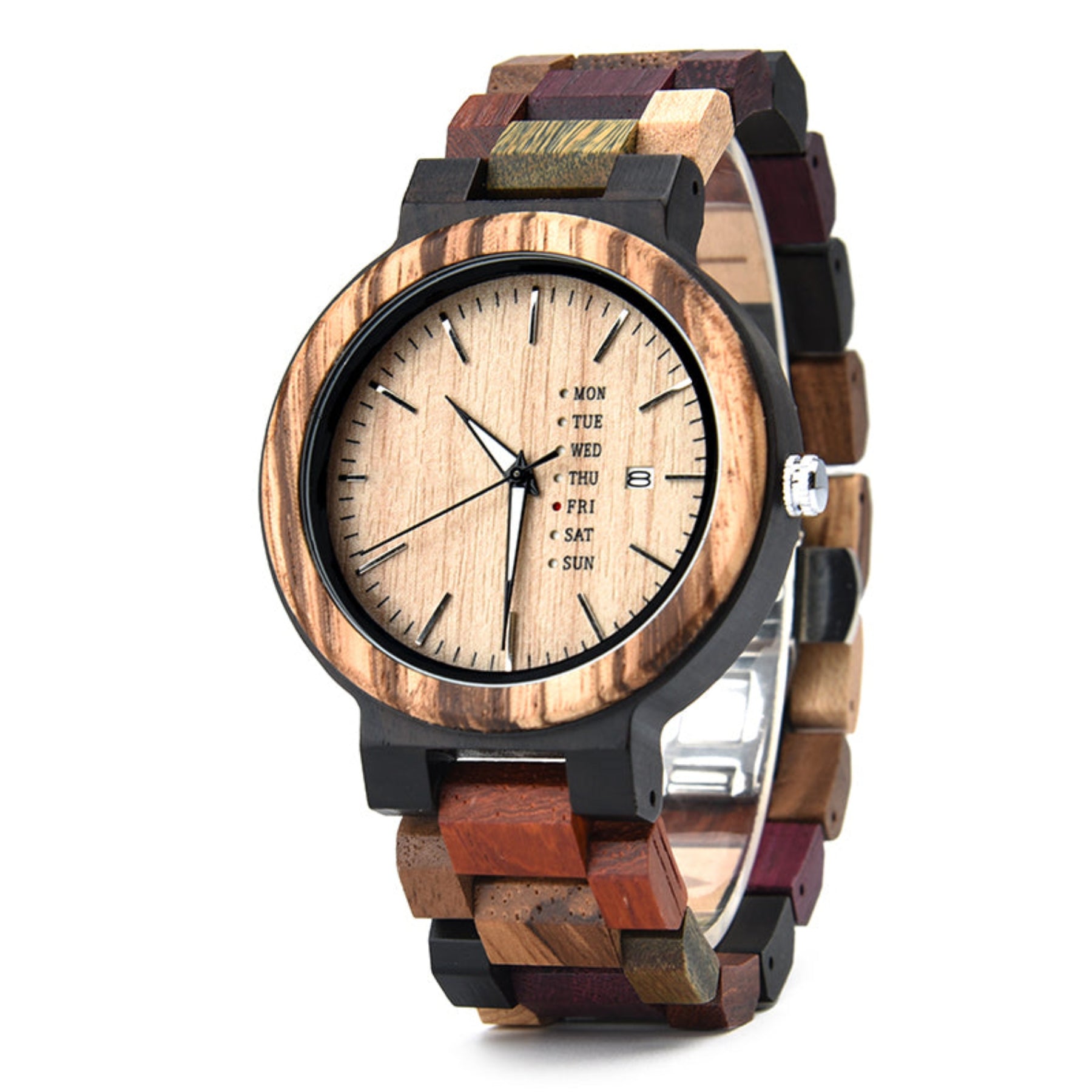 Ebony and colorful strap men wood watch with maple face