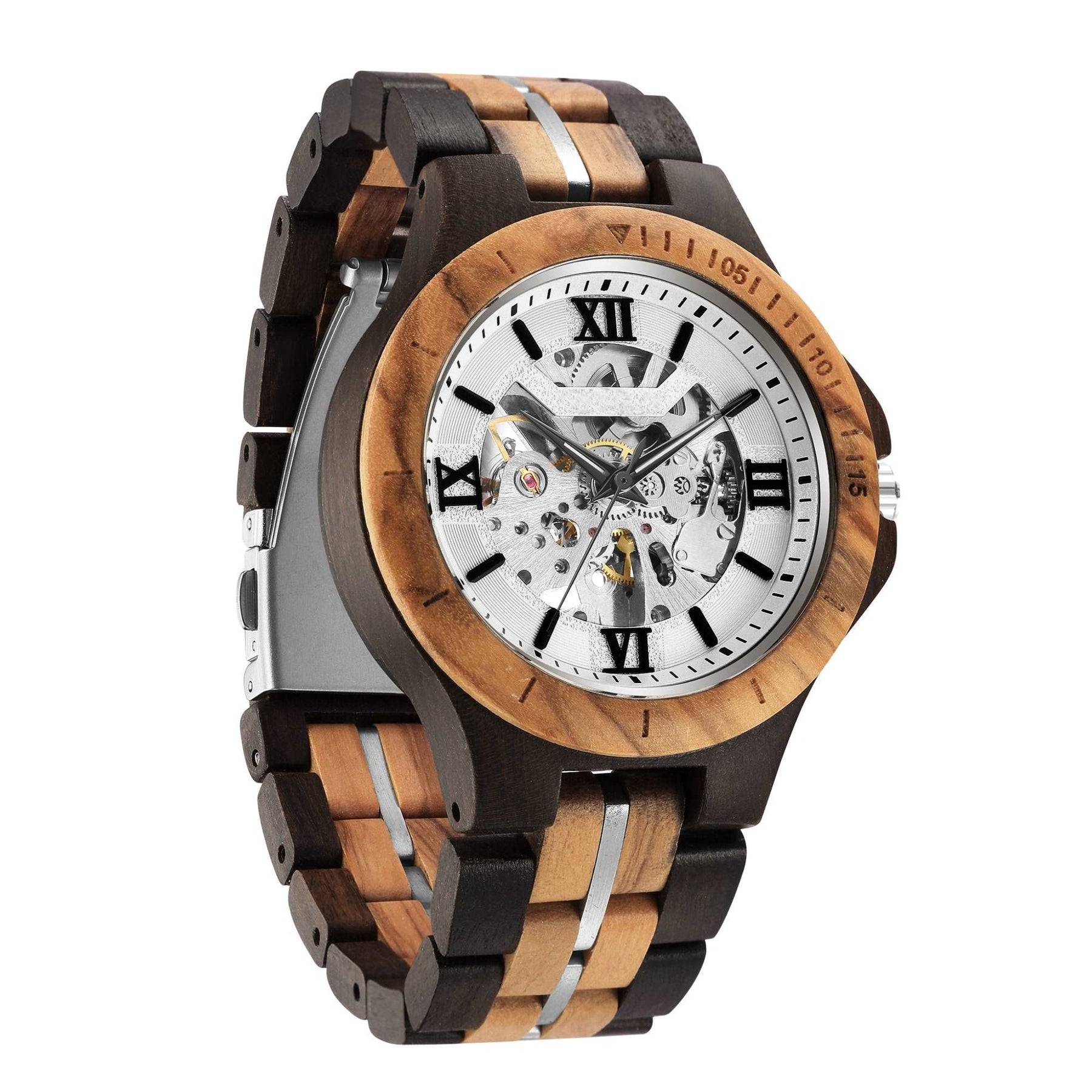 wood watch men wooden watch automatic mechanical watch ebony olive side face