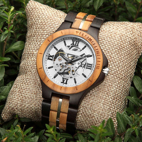 wood watch men wooden watch automatic mechanical watch ebony olive on the grass
