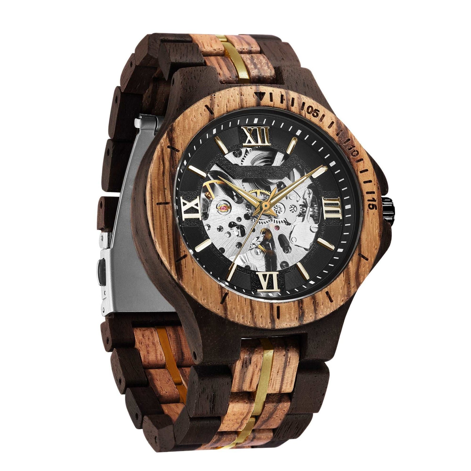 Ebony and zebrawood automatic mechanical watch for men with black face