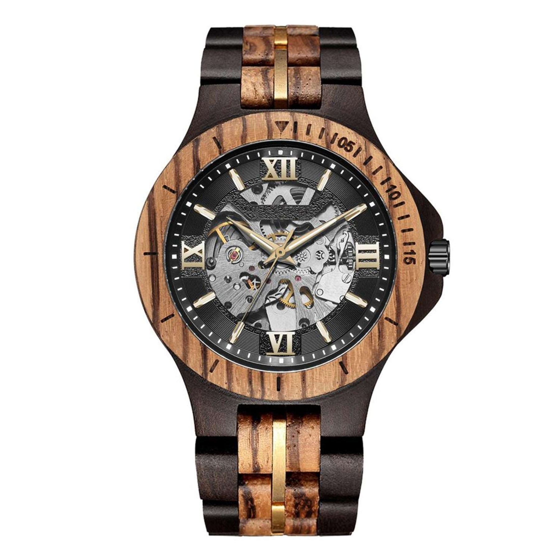 Ebony and zebrawood automatic mechanical watch with black face positive