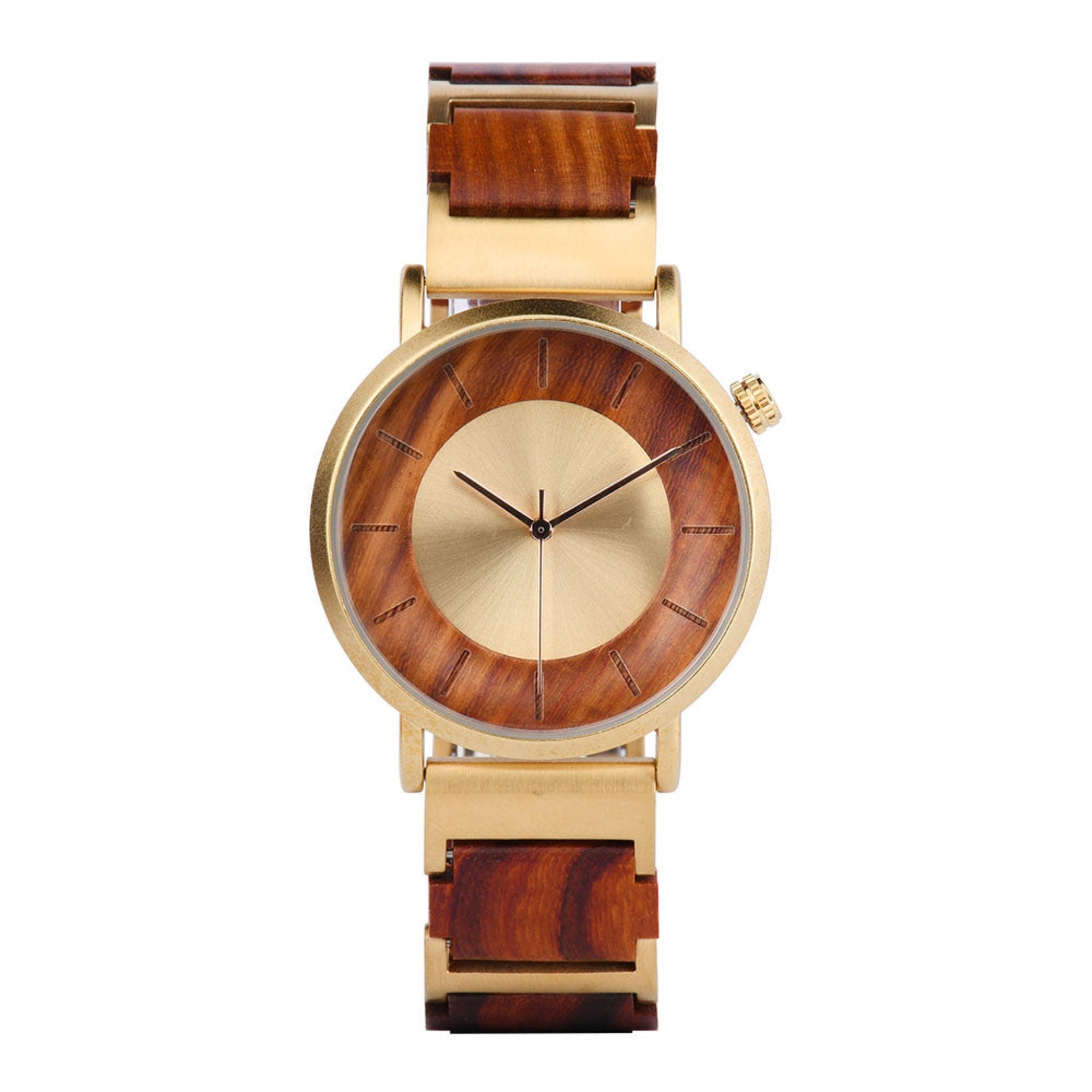 Golden steel and red sandalwood minimalist wooden watch for men