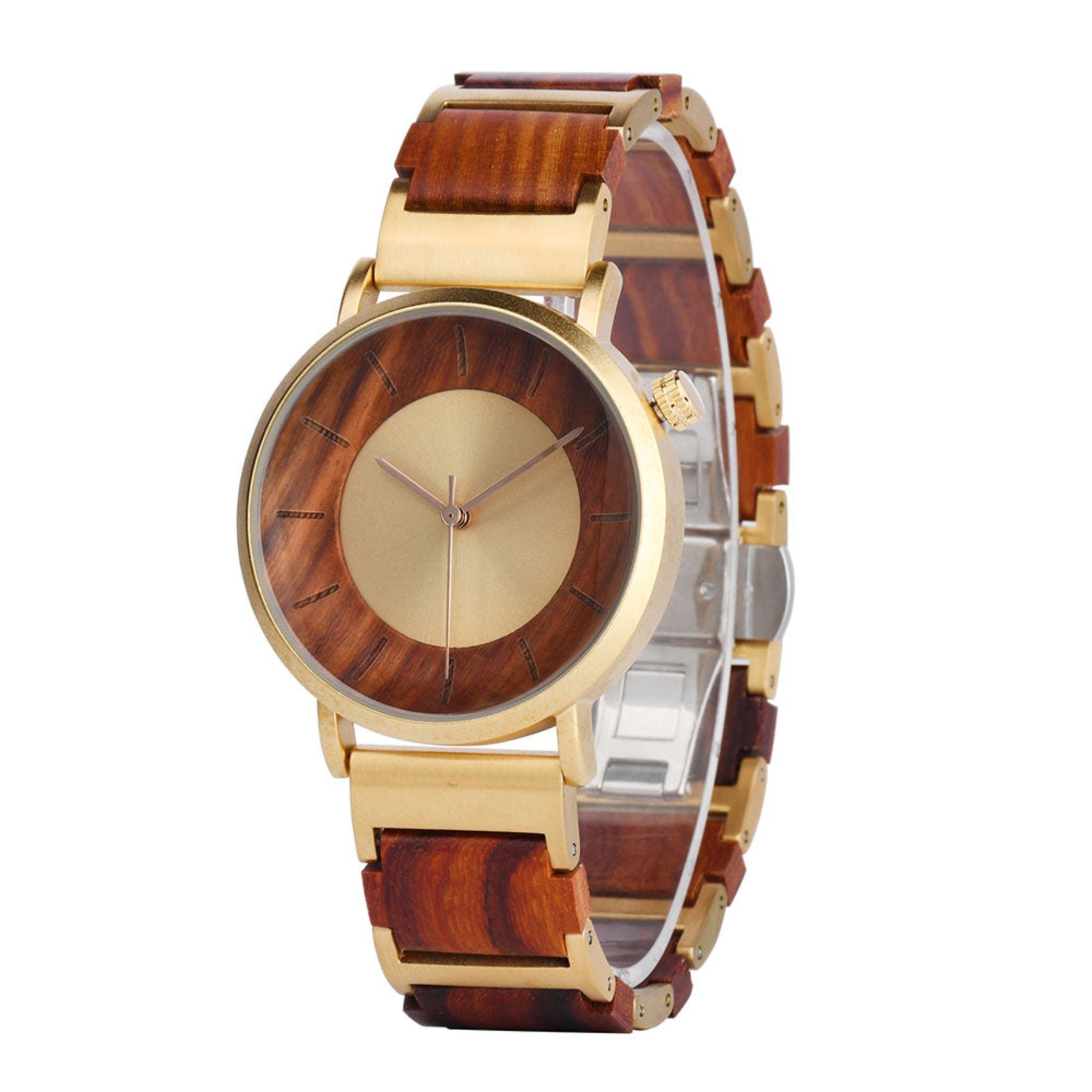 Golden steel and red sandalwood men wooden watch