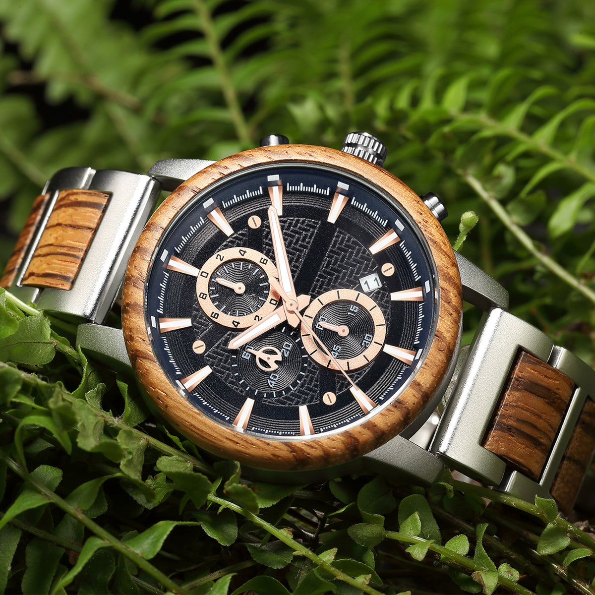 wood watch men wooden watch chronograph zebrawood lying on the tree