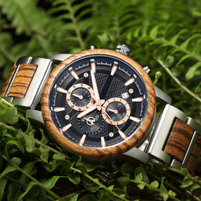 wood watch men wooden watch chronograph zebrawood lying on the tree