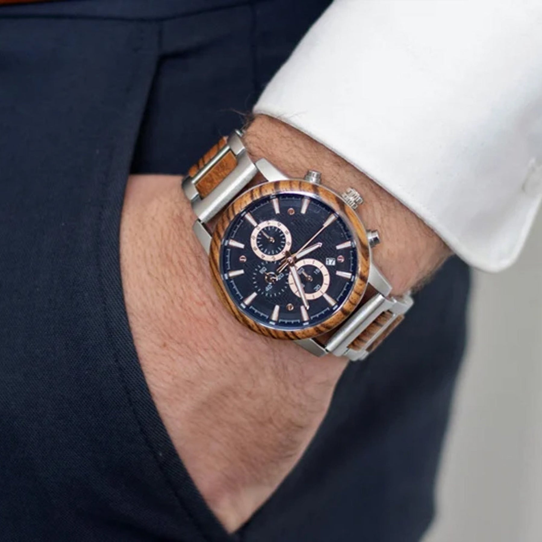 wood watch men wooden watch chronograph zebrawood wearing on a man wrist