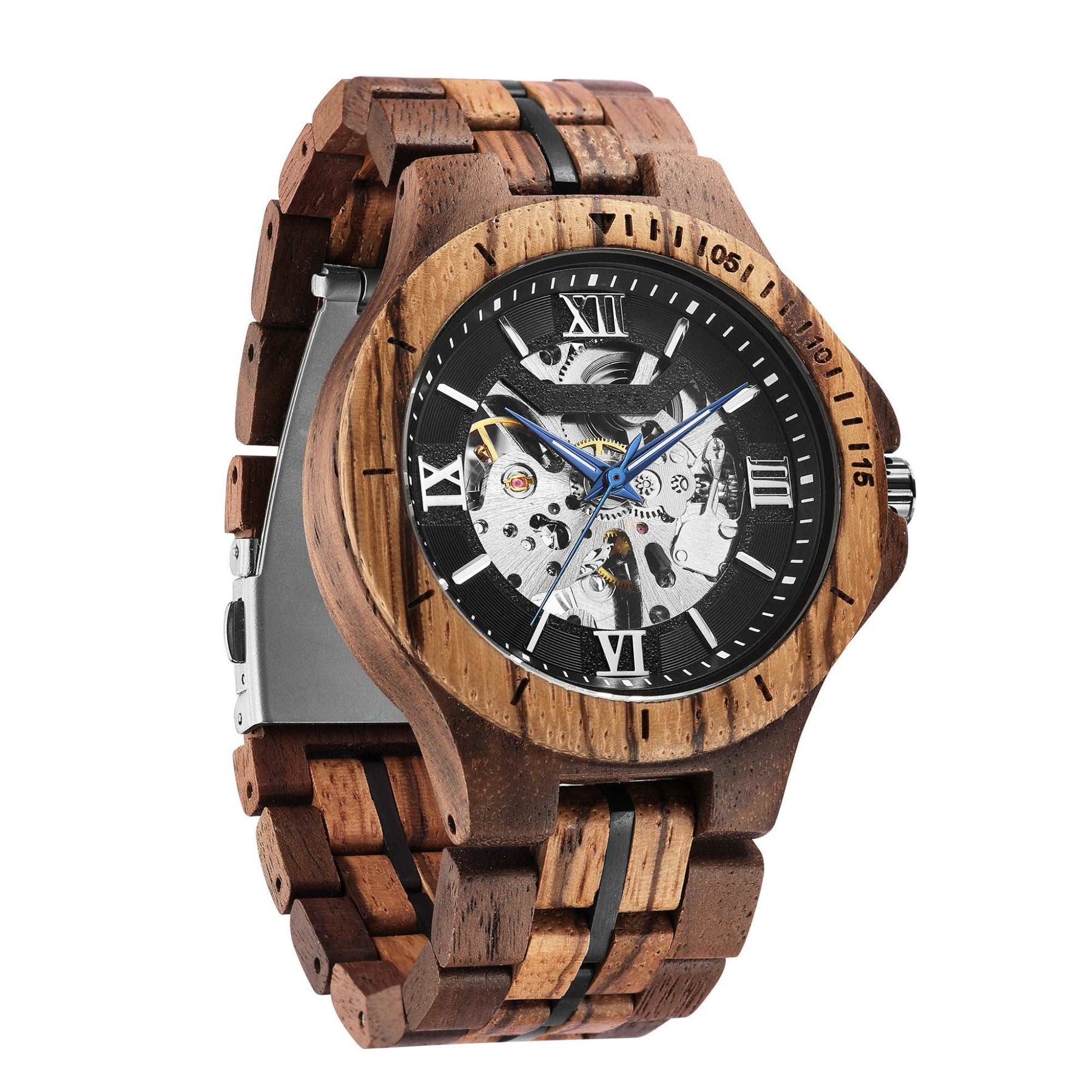 wood watch men wooden watch automatic mechanical watch walnut zebrawood side face