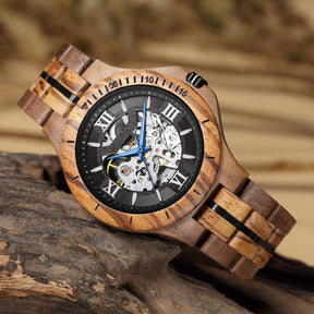 wood watch men wooden watch automatic mechanical watch walnut zebrawood lying on the wood