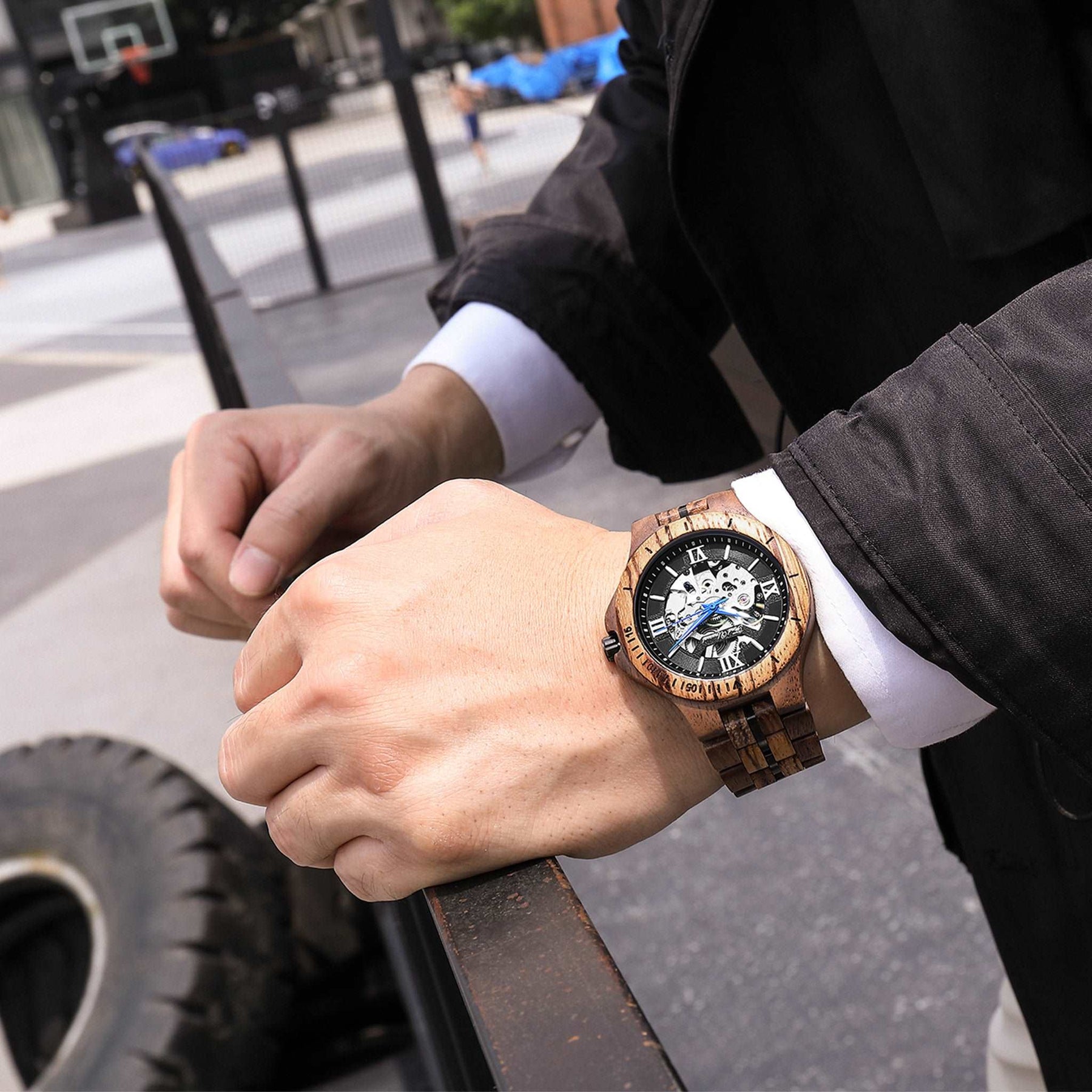 wood watch men wooden watch automatic mechanical watch walnut zebrawood wearing on a man wrist