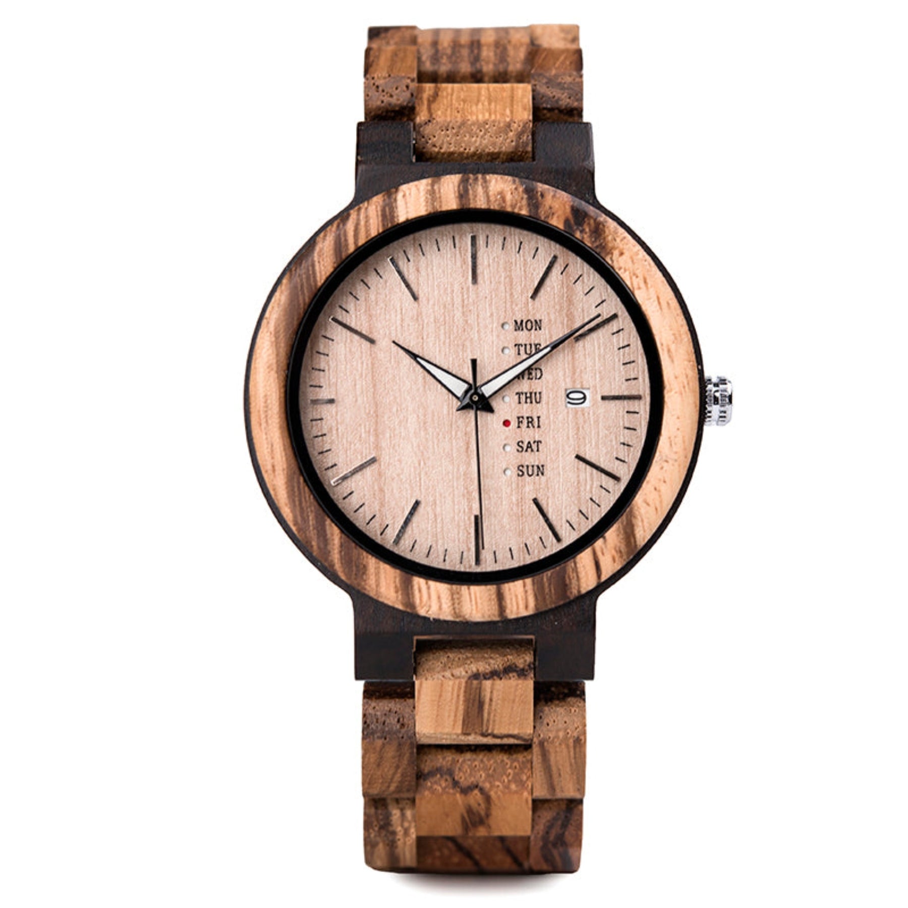 Ebony and zebrawood men wooden watch with maple face positive