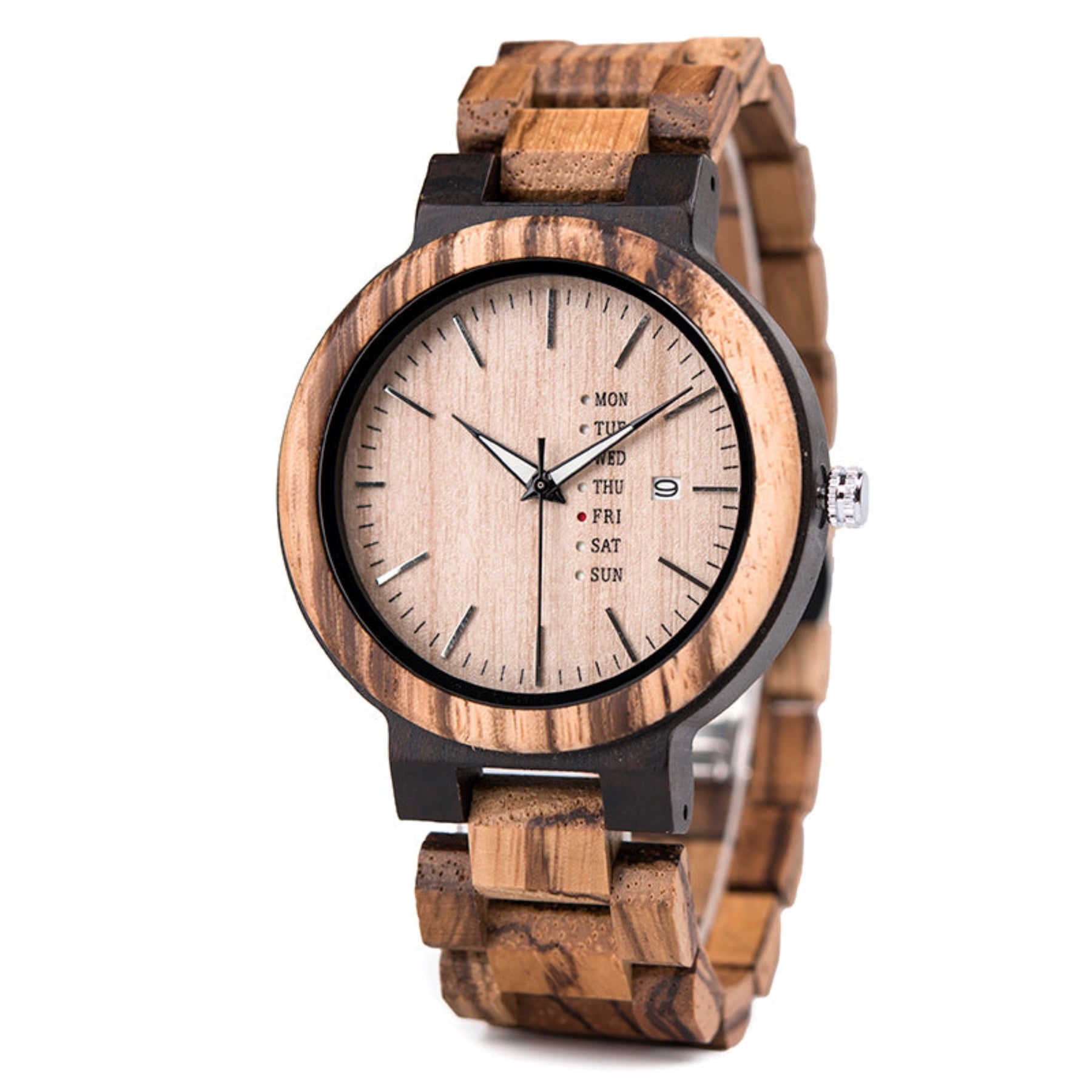 Ebony and zebrawood men wooden watch with maple face
