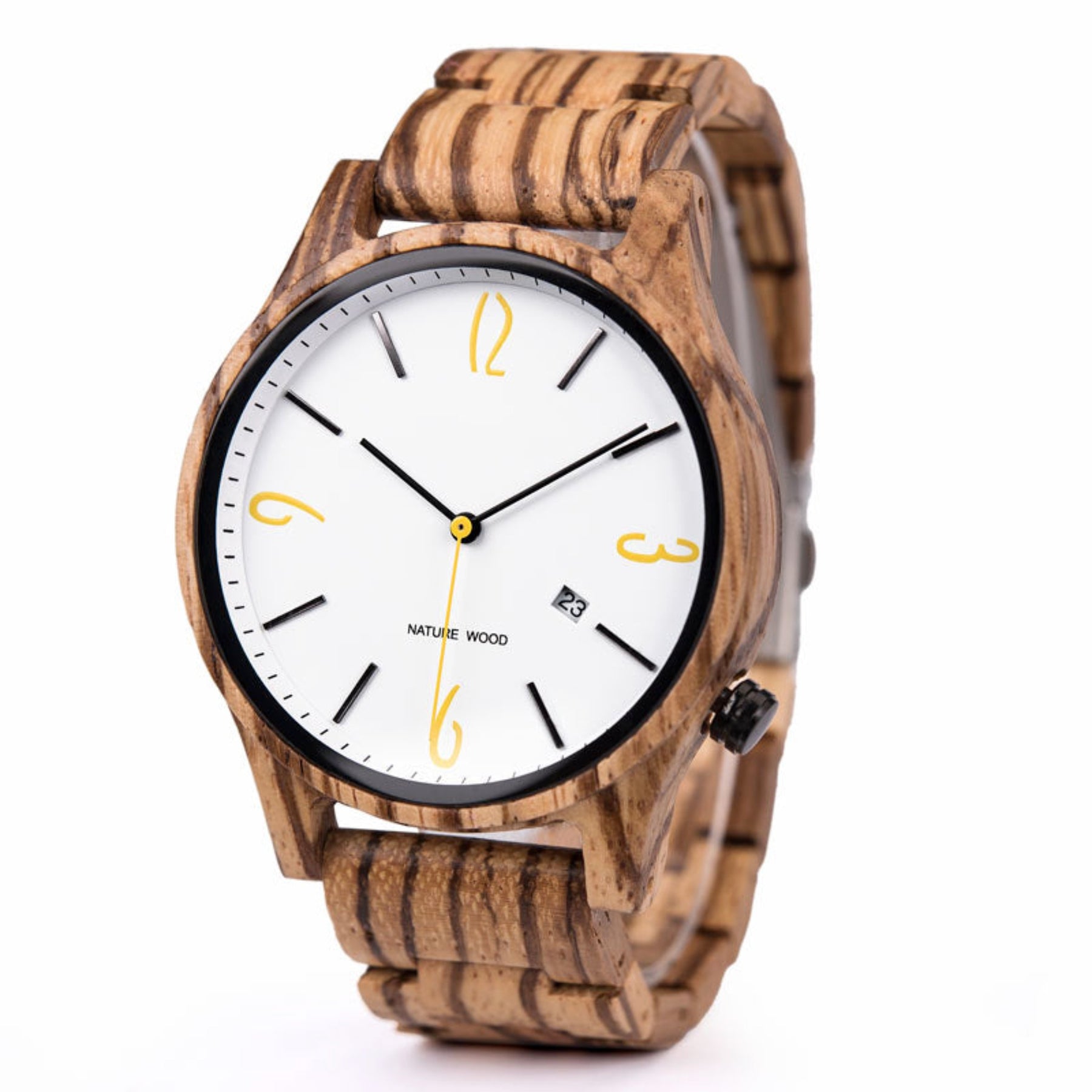 Zebrawood men wood watch with white face