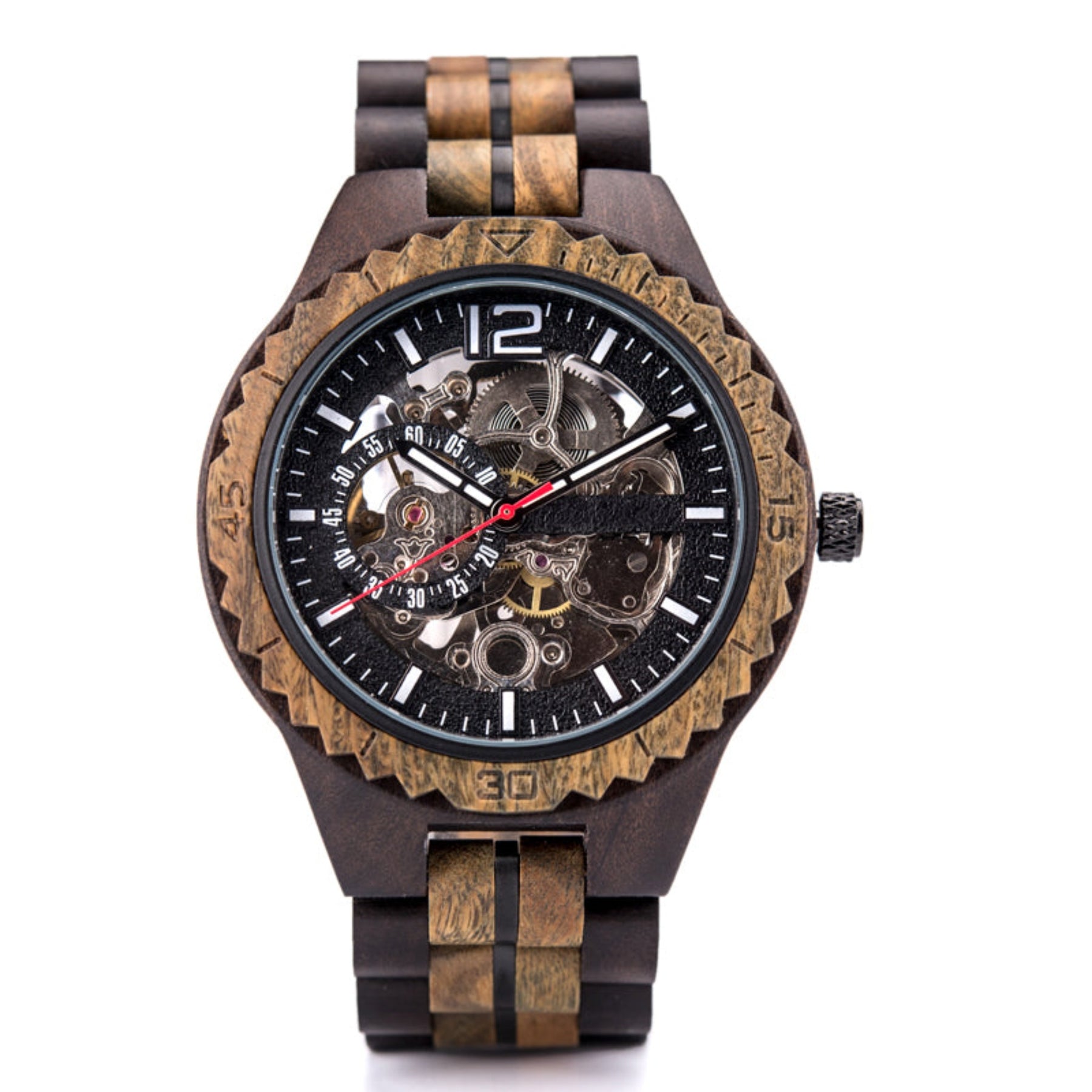 Ebony and green sandalwood men automatic mechanical watch with hollow face positive