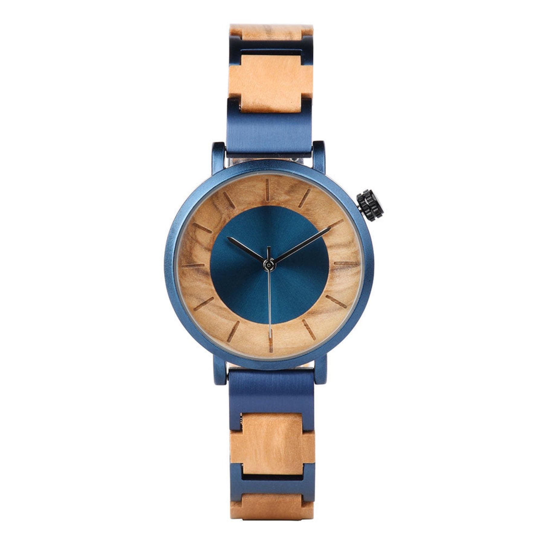 Blue and olive minimalist wooden watch for women positive