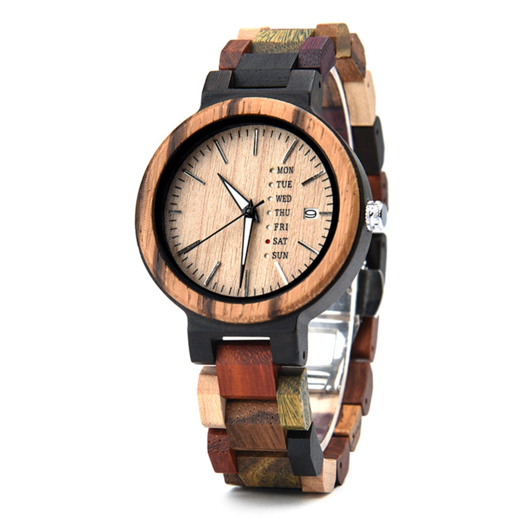 Ebony and colorful strap women wooden watch with maple face