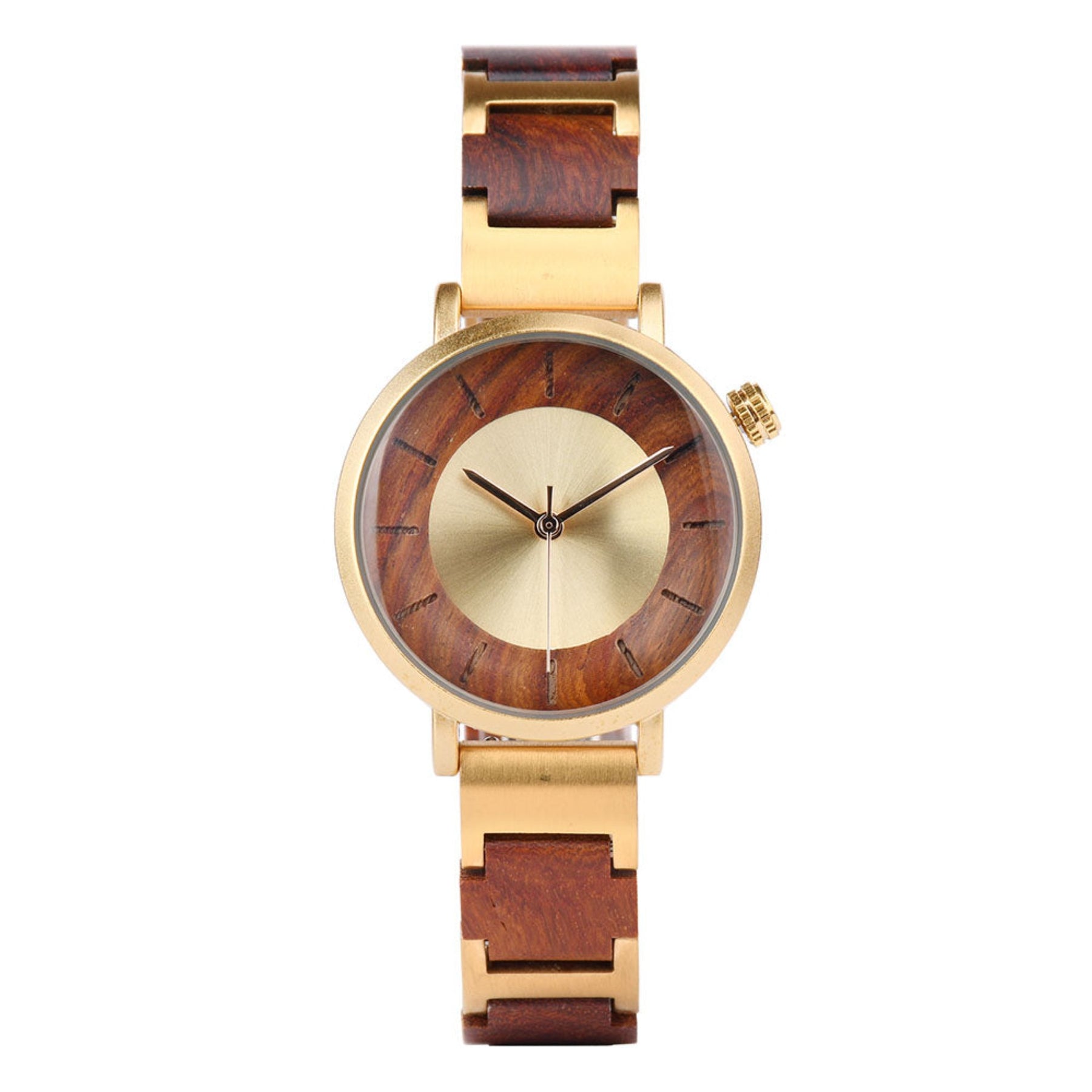 Golden steel and red sandalwood women watch with golden face positive