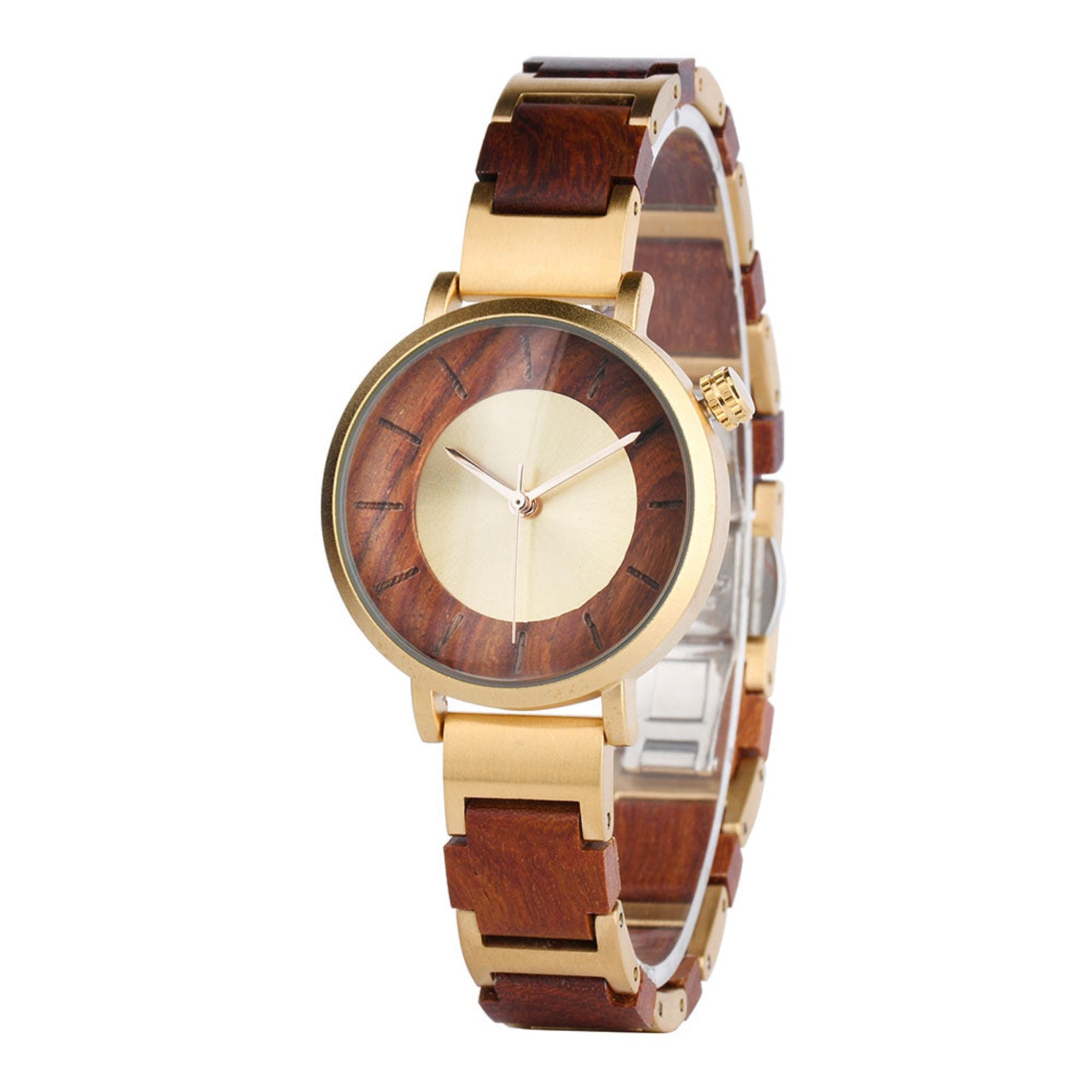 Golden steel and red sandalwood women watch with golden face