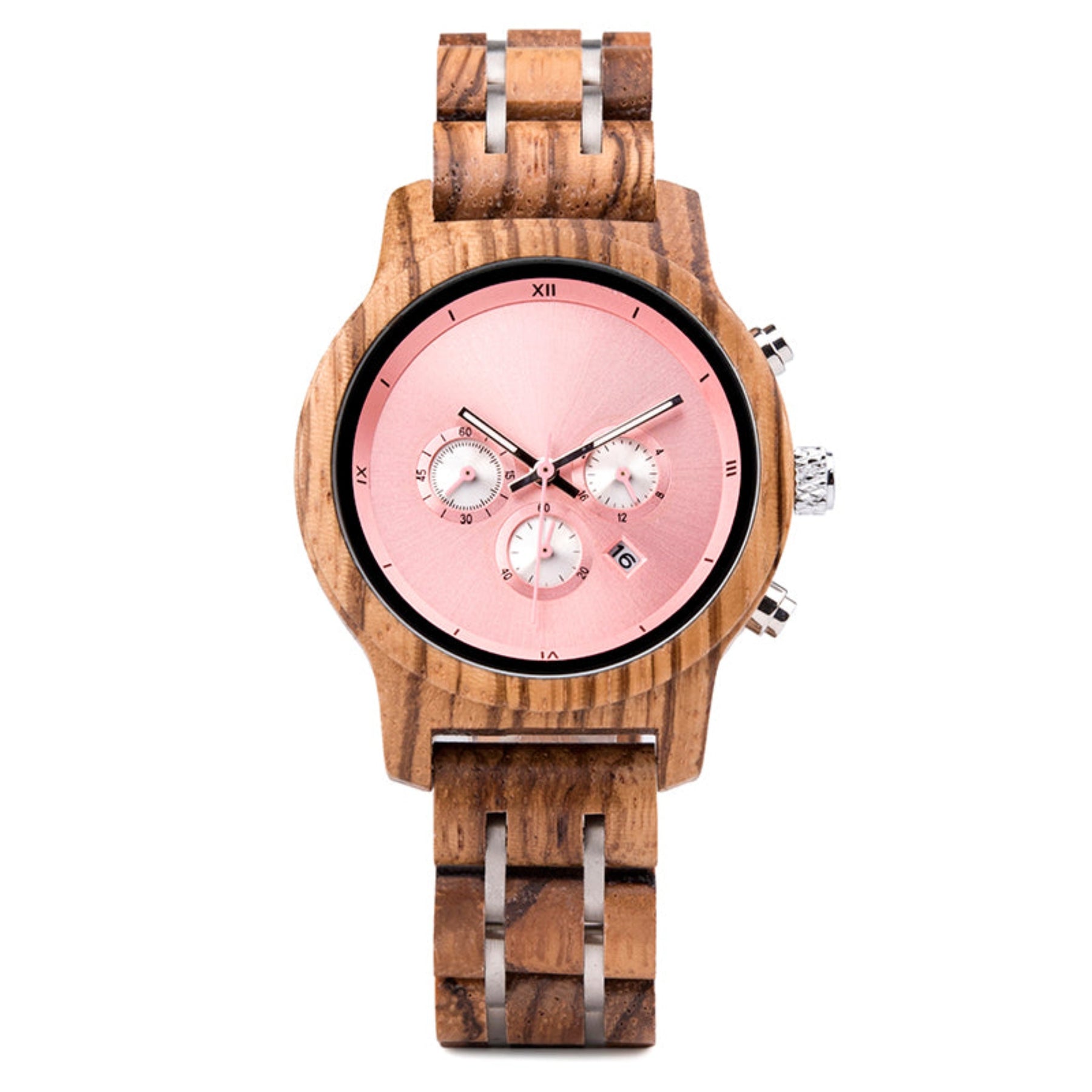 Pink face zebrawood women wooden watch chronograph