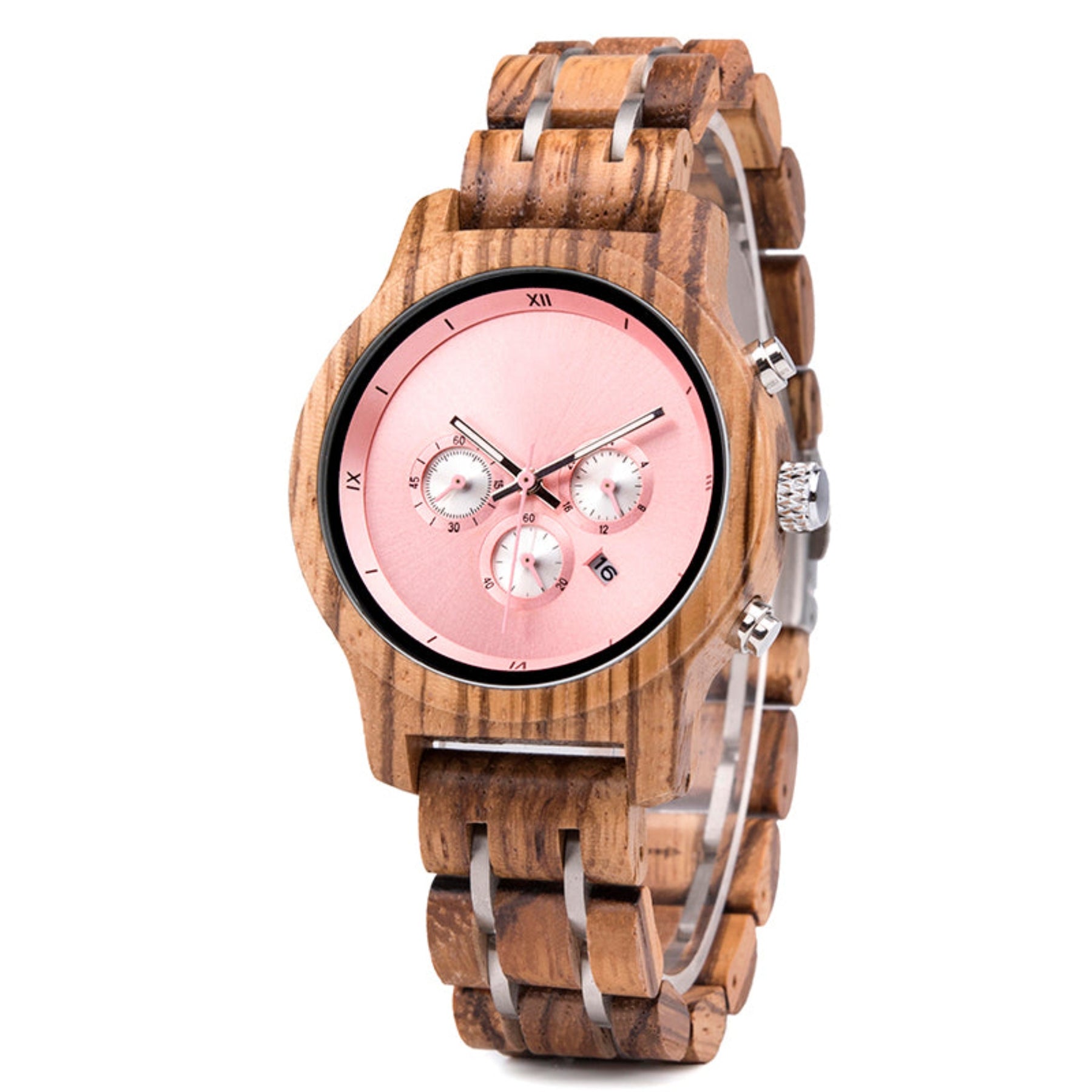 Pink face zebrawood women wooden chronograph watch