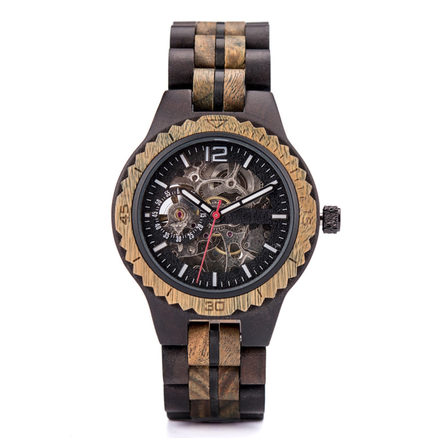 Women ebony and green sandalwood mechanical watch with hollow face positive