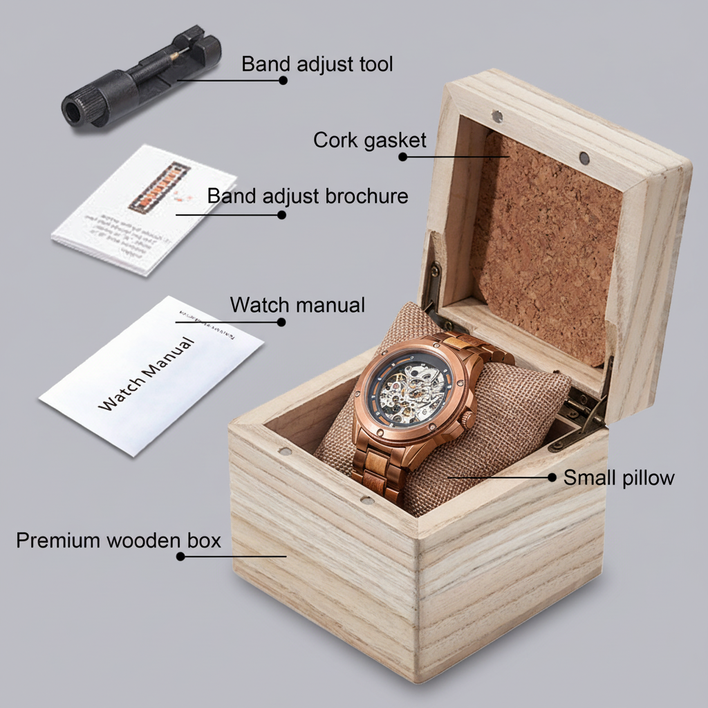 玫瑰金镂空机械表穿枕木盒配件展示图