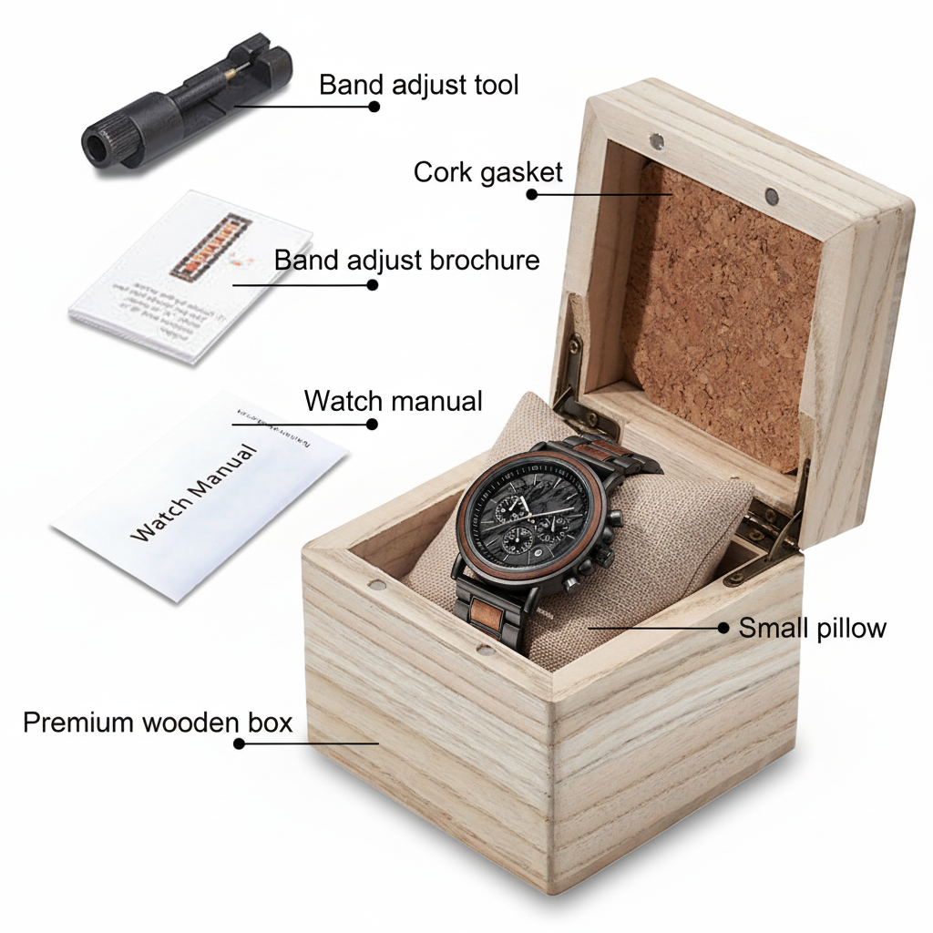 黑色表盘乌木计时手表礼盒陈列图