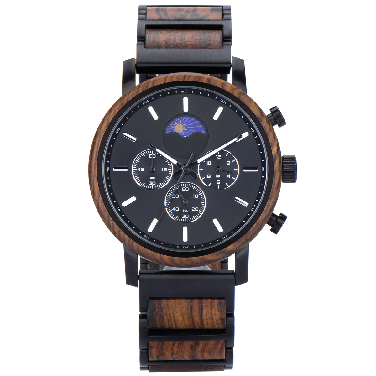 A stylish chronograph watch with a wooden bezel, black metal and wood combined band, featuring a moon phase complication on a black dial, isolated on a white background.
