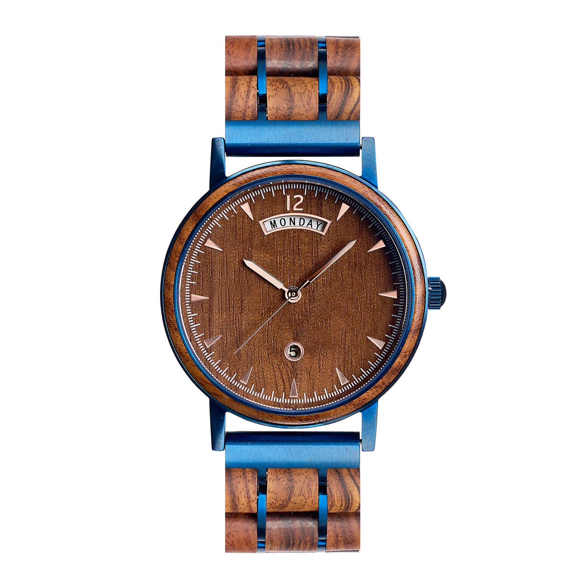 A wristwatch with a brown wooden dial showing "MONDAY" and the date "5", featuring a strap made of wooden links and blue metal accents, presented against a white background.