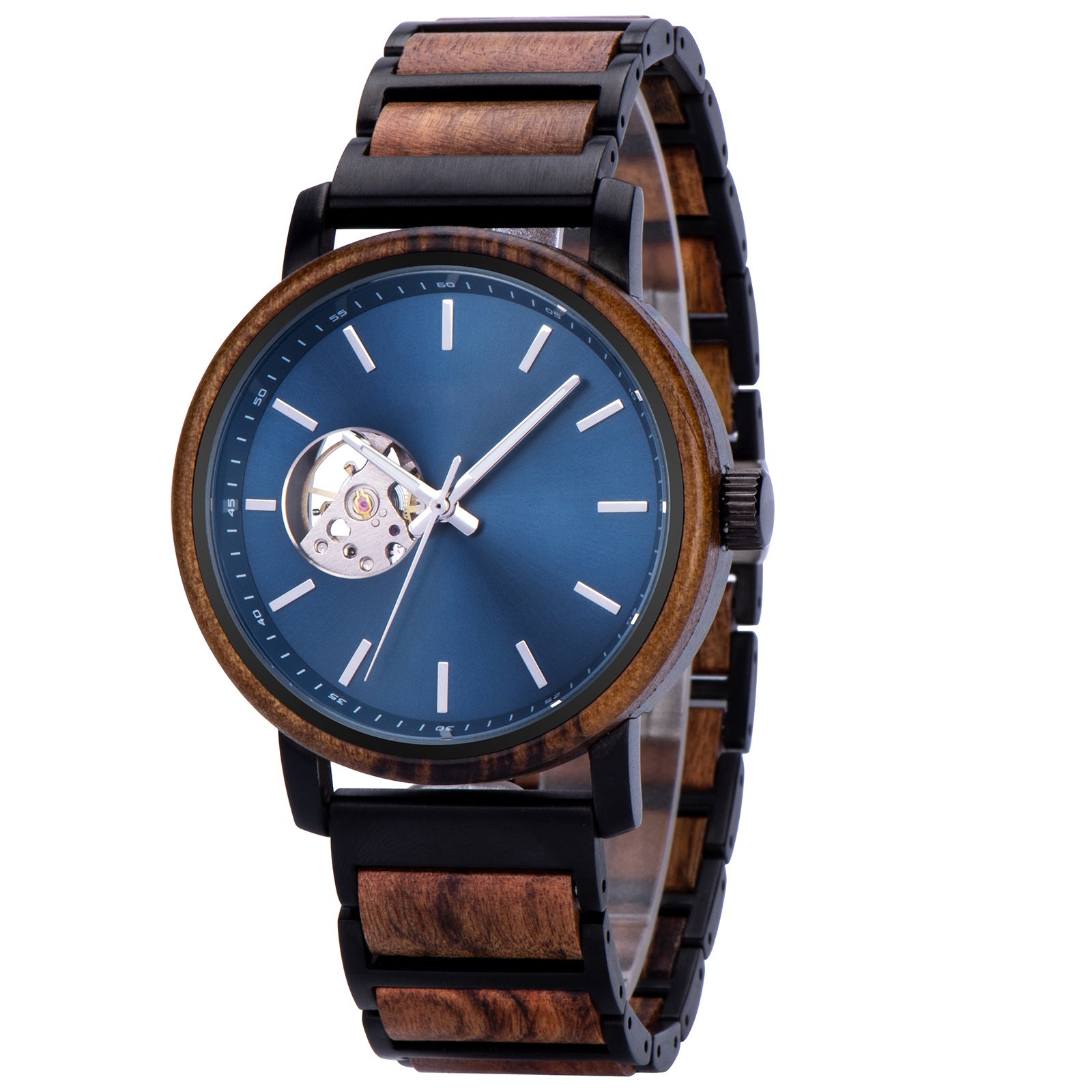 Angled view of a wristwatch with a blue dial, skeleton movement window, and a band combining wood and black metal, isolated on a white background.